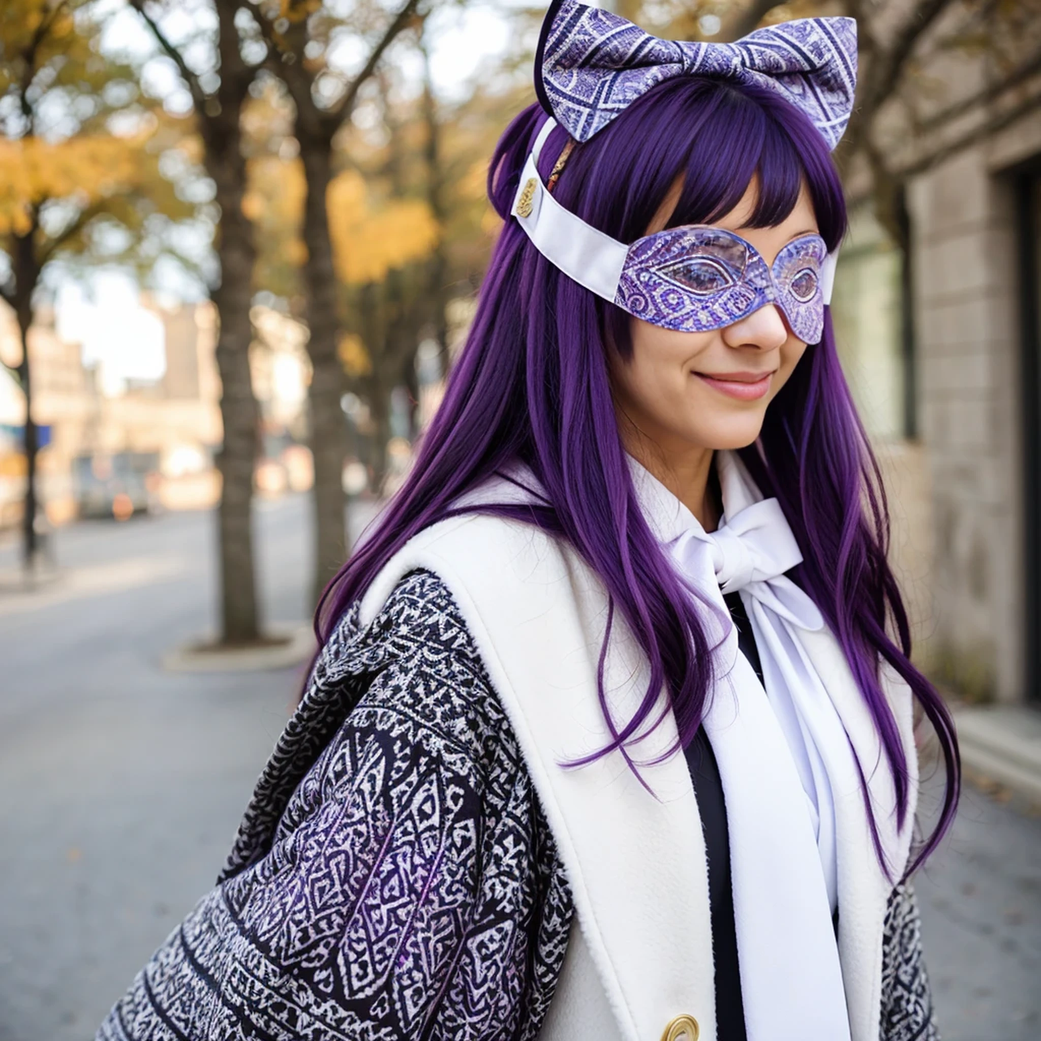 ((custom-eye-mask)), ((patterned mask)), ((patterned eye mask)), string hair ribbon, purple hair, ((realistic)), ((photorealisim)), ((photorealistic)), ((cosplay)), ((real life)), 1girl, solo, closed eyes, black hair, multicolored hair, blush, fur trim, fur-trimmed coat, smile, coat, purple hair, long hair, ((eye mask)), bangs, closed mouth, bow, flying sweatdrops, white coat, ribbon, bandages, two-tone hair, upper body, white bow, hair ornament