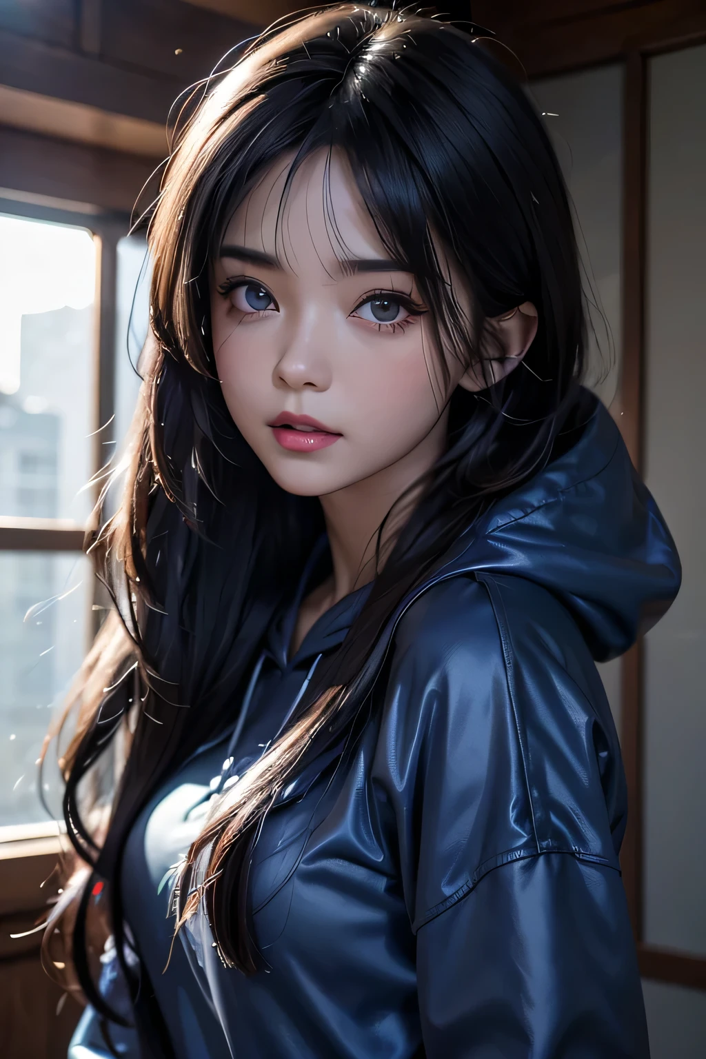 Long hair、Close-up of a person wearing a hoodie, Hinata Hinata, hinata hyuga From Naruto, From Naruto, as an anime character, perfect anime face, She has dark blue hair，By Bangs, female anime character, Anime Characters, Best Girl in Anime, Seasonal hairstyles, dark blue hair, (Red and shiny lips:1.3), Lilac eyes, Large Breasts, Practical, Ultra Detailed, Interior background