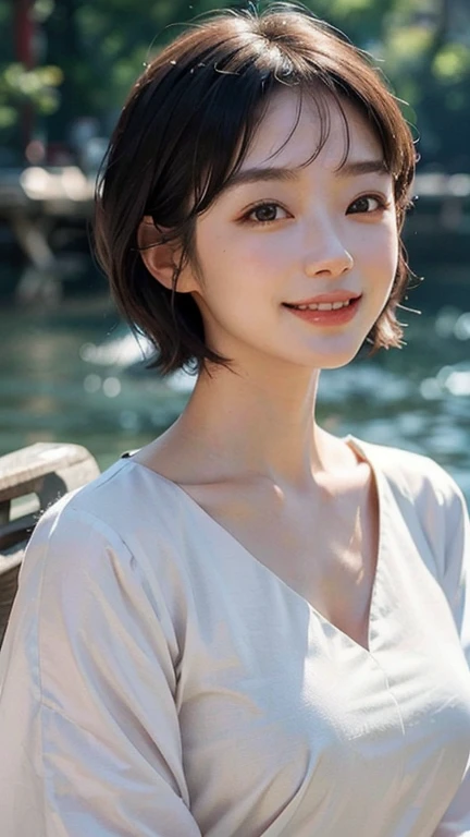 ((highest quality, 8k)), Delicate and beautiful skin, Fair skin, Delicate and realistic beauty, Married women, Japan, alone, huge, Round face, Short Bob Hair, Black Hair, Upper body close-up, smile, White teeth, No sleeve, sunny