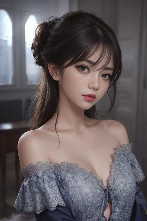 Fashion Photography、Portraiture、Lace fabric 1.5、Off the shoulder、Disheveled Hair 1.5、Professional Lighting 1.5、Professional Lighting 1.5、Dramatic lighting1.5、Looking at the audience、Tie your hair up