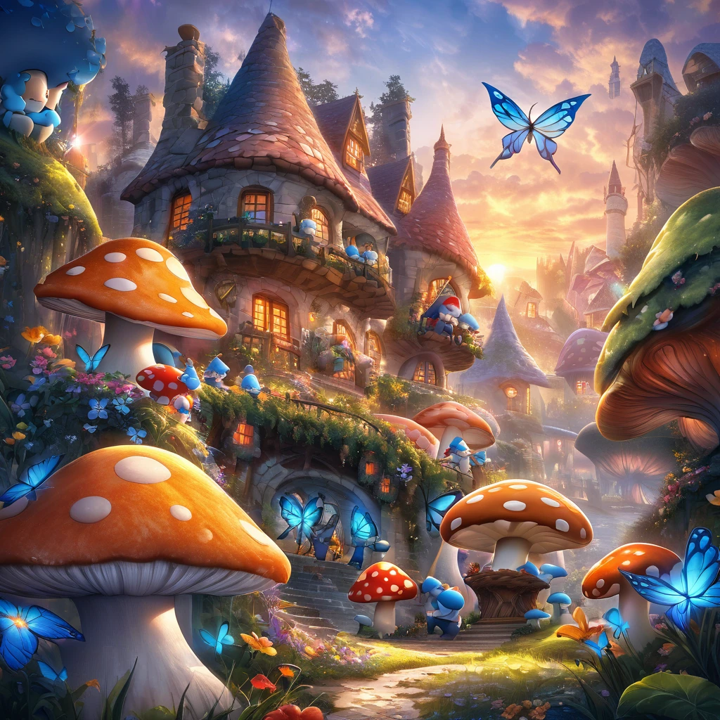 A mushroom village in the forest, with colorful houses made of mushrooms surrounded by lush greenery. The village is filled with vibrant flowers and sparkling streams. The Smurfs, small blue creatures, are busy preparing food for a swarm of phosphorescent Blue Butterflies that have gathered in their village. The butterflies emit a soft blue glow, creating a magical ambiance. The Smurfs are wearing their iconic white hats and are seen cheerfully placing trays of delicious treats on mushroom tables. The air is filled with the sweet aroma of freshly baked goods, enticing the butterflies to feast. The scene is captured during dusk, with the soft light of the setting sun casting a warm glow on the village. The sky is adorned with a picturesque sunset, painted in shades of orange, pink, and purple, creating a stunning backdrop for the enchanting village. The artwork showcases an exquisite level of detail, with every mushroom and flower delicately rendered. The overall image radiates a sense of joy, tranquility, and a harmonious coexistence between the Smurfs and nature. The high-resolution artwork captures every minute detail, immersing the viewer in the whimsical world of the Smurfs. [HDR effect, vibrant colors, bokeh, realistic lighting]