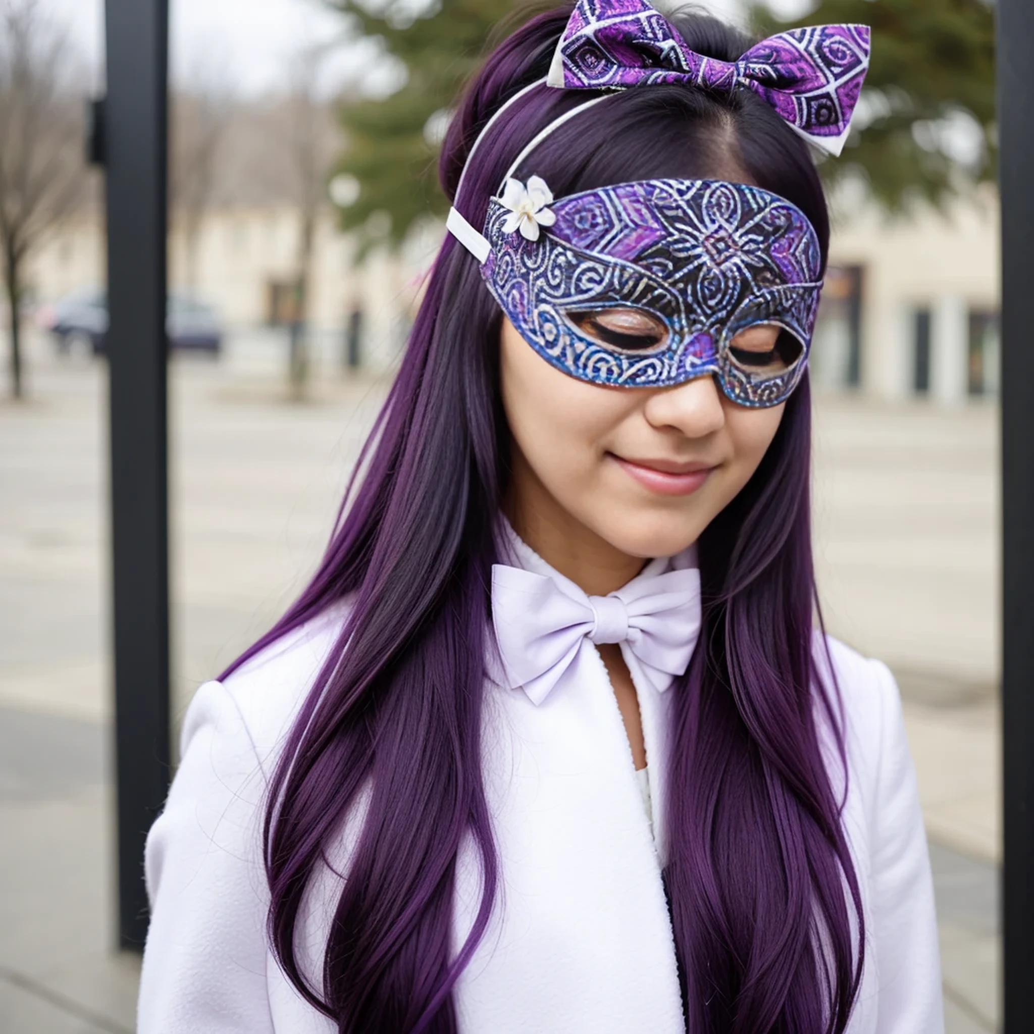 ((custom-eye-mask)), ((patterned mask)), ((patterned eye mask)), string hair ribbon, purple hair, ((realistic)), ((photorealisim)), ((photorealistic)), ((cosplay)), ((real life)), 1girl, solo, closed eyes, black hair, multicolored hair, blush, fur trim, fur-trimmed coat, smile, coat, purple hair, long hair, ((eye mask)), bangs, closed mouth, bow, flying sweatdrops, white coat, ribbon, bandages, two-tone hair, upper body, white bow, hair ornament
