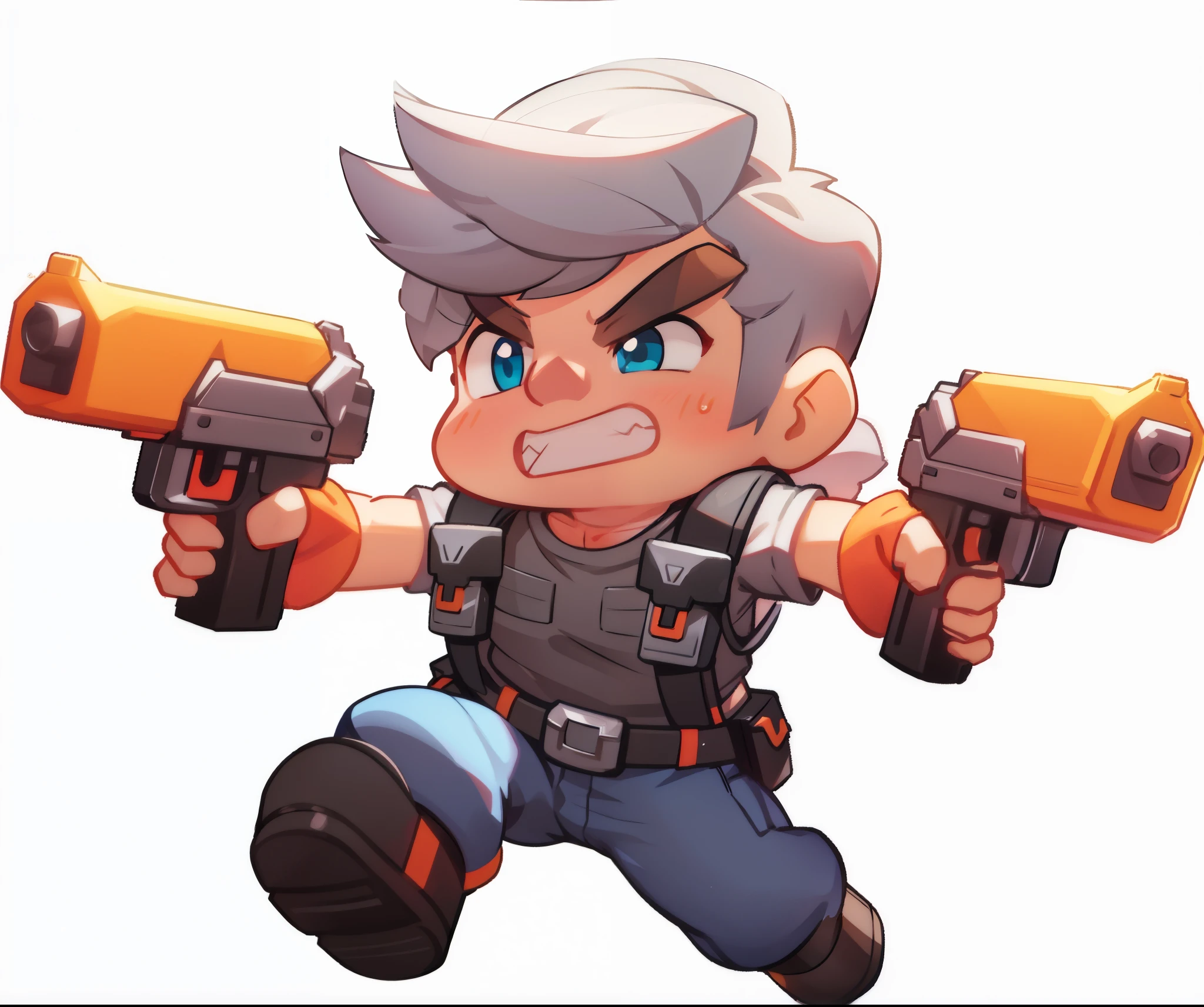 leap upwards，2.5d cartoon, leaping, strafing,Leap and dive,jump up, young police officer with short grey hair, short-haired sheriff, holding orange pistol with both hands, holding orange square pistol with both hands, cute, cartoon, toys, blind box, bright tones, cartoon ip, volumetric lighting, advanced colour system, octane rendering, pinterest, stylish blind box toy, battlefield, 2d render, best quality, pro lola, soft focus and ethereal lighting style, 3d pixar: 2.5 style, extremely detailed cg unity 8k wallpaper, extremely detailed cg unity 8k, dramatic, extremely detailed cg unity 8k, 2d, lora, --s 750 --iw 2 --niji 5 -