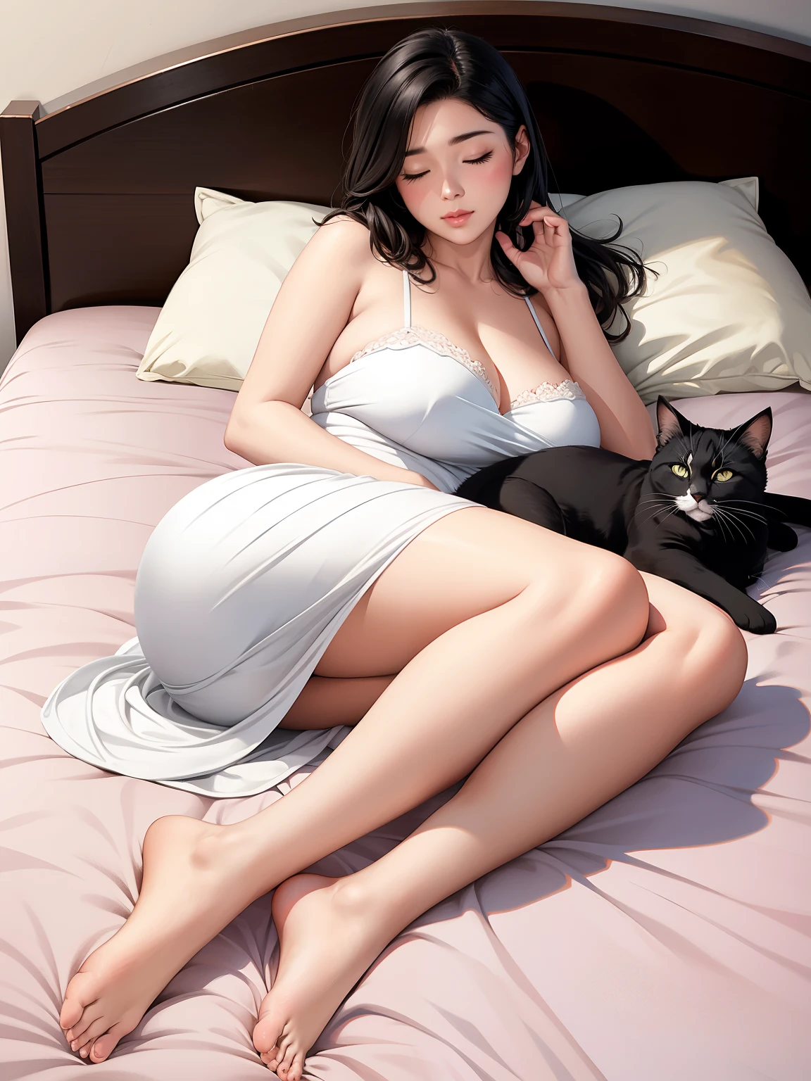 Woman sleeping in bed１people、Sleeping cat１Animals、The cat is lying down、A woman&#39;s body and a cat&#39;s body do not overlap