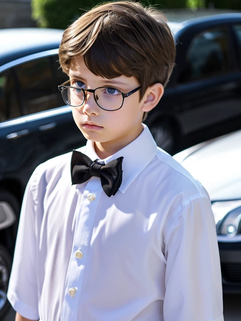 Very detailed masterpiece A ten year old boy white skin light brown hair blue eyes very fine features very beautiful , very attractive wearing very formal clothes very elegant standing in front of a large black car very elegant wearing very discreet glasses looking sad and thoughtful, muy serio muy triste mucho muy serio