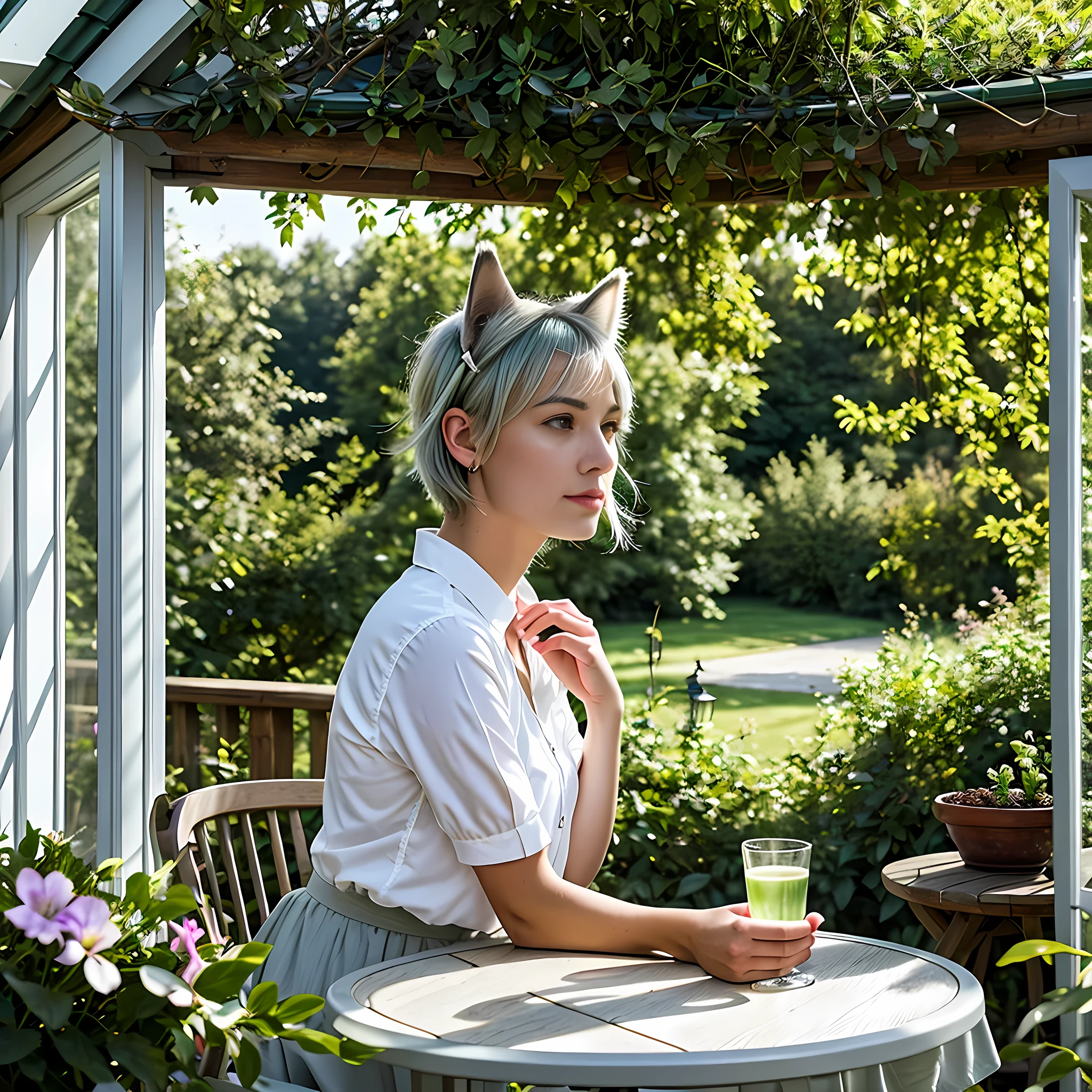 masterpiece, best quality,ultra-detailed,hyper details, cinematic light,, 1girl, solo, sit, outdoor, summerhouse, sitting in the summerhouse,  plants, table, chandelier, candle, wind, green eyes, pan-green silver hair, short hair, animal_ears, animal_ear_fluff, floating hair, light, light frown, profile,looking at viewer, dynamic_angle