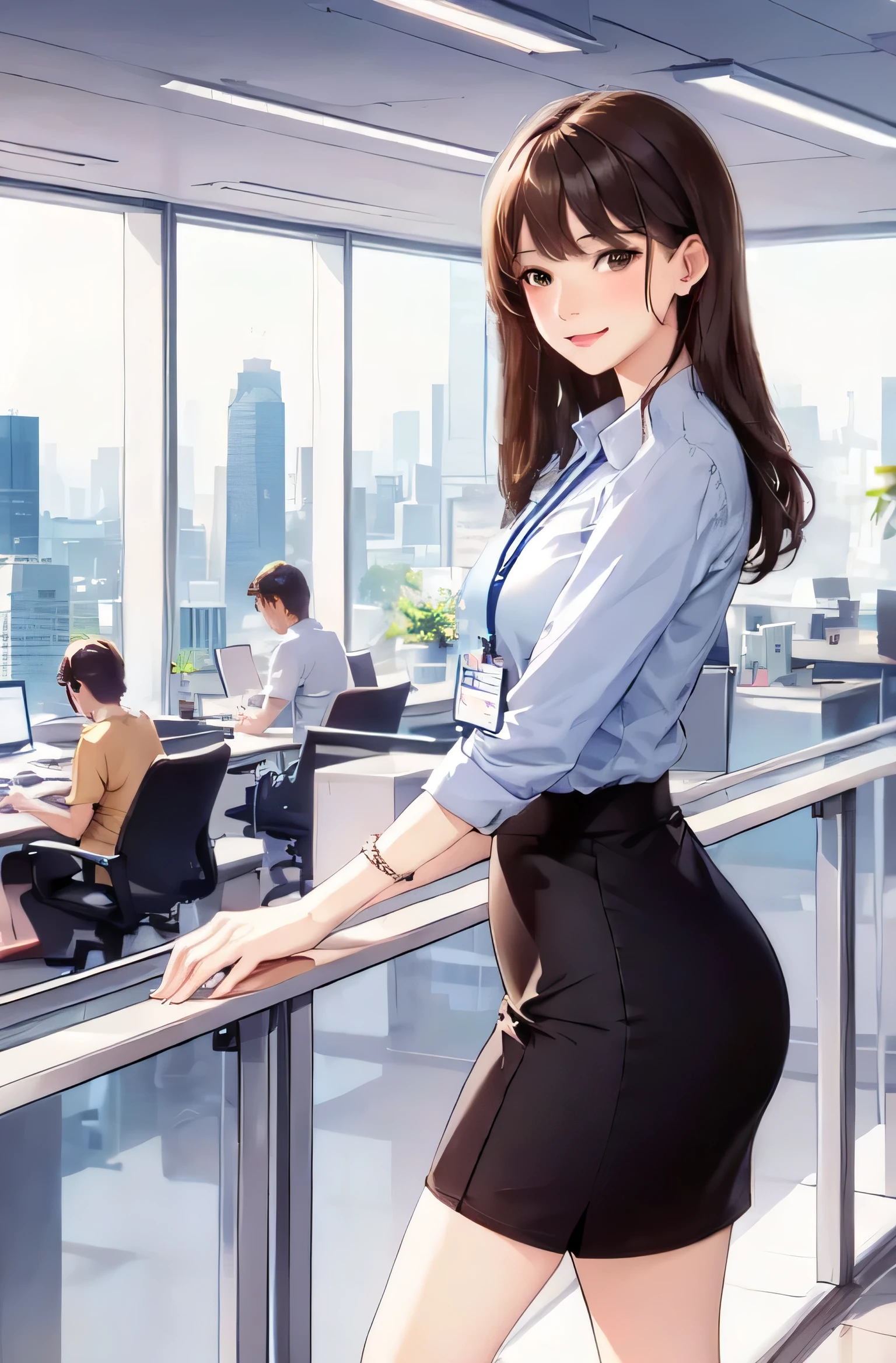 1 Woman Standing, /(casual shirt/) (Pencil Skirt:1.1) /(ID card strap/), Mature Woman, /(Brown Hair/) bangs, A gentle blushing smile, (Masterpiece of the highest quality:1.2) Delicate illustrations, super detailed, Small breasts /(Modern office indoors/), Skyscraper with windows