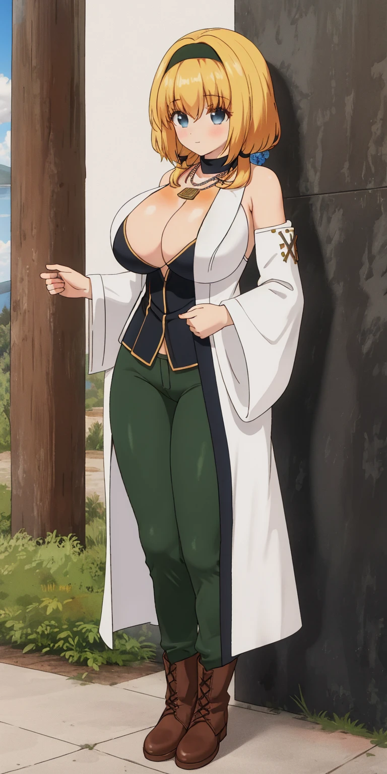 (Masterpiece, best quality) (high res, ultra-detailed) (perfect anatomy) outdoors, 1girl, solo, dress, SELA, large breasts, tan, necklace, white sleeves, thigh highs, muscular, thighs, full body, priestess, church, religious, pants, coat, pullover, boots, body suit, big dress, big robe, black body suit, HIGH BOOTS, feet together, toe to head