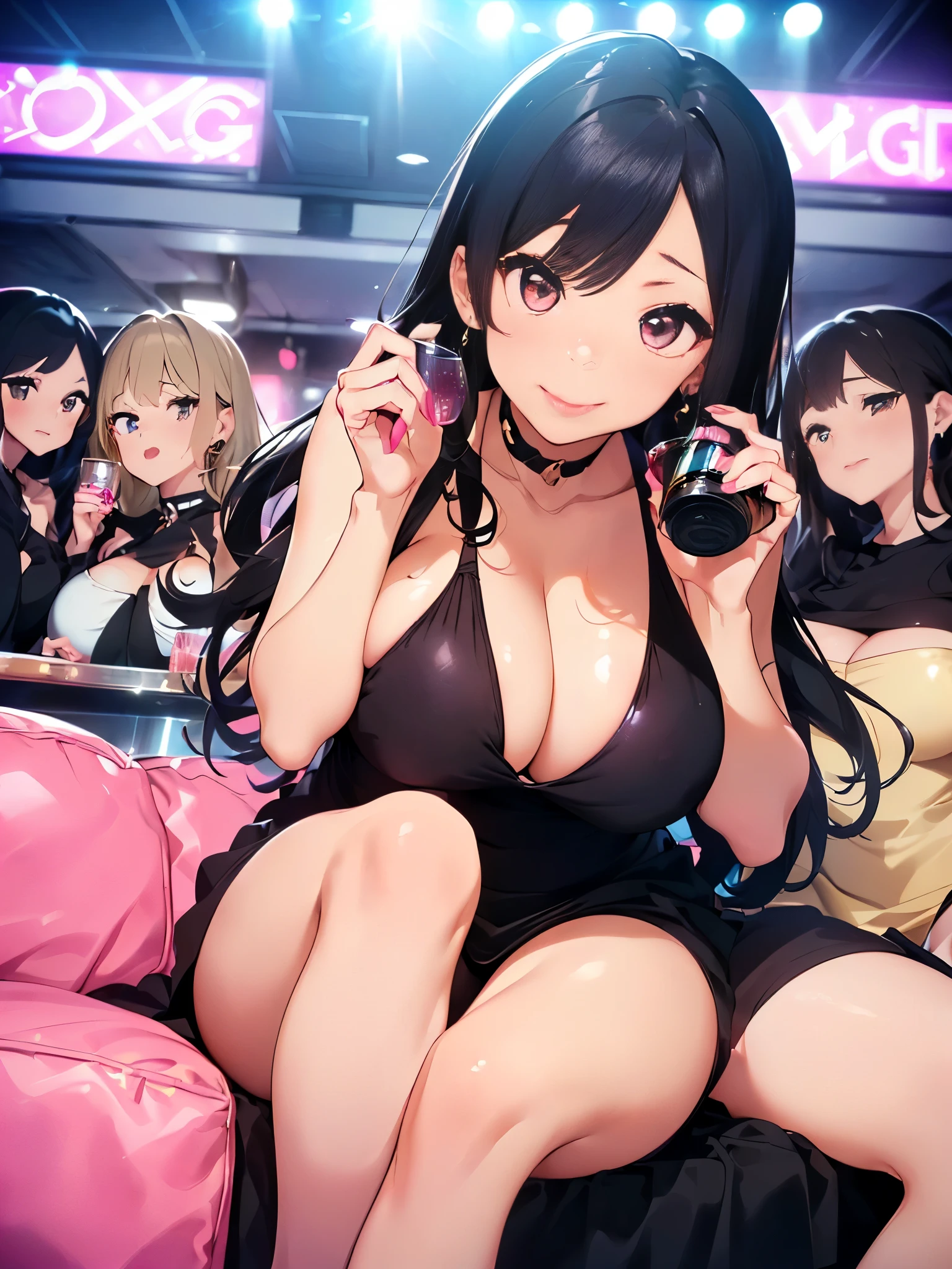 (5 Cute Girls:1.5)、Gal girl、(big cleavage、tight clothes、(full shot, /red eyeliner/、/fluorescent pink glossy lipstick/)、long shot, Beautiful depiction、knowledgeable person、detailed background、earrings、clavicle、(((big breasts)))、((long full shot:1.8))、One Girl, slim, (kind, Goddess-like eyes) 、(happiness: 1.2), (Lip gloss, Long eyelashes, Gloss Face, (gyaru:1.3, gyaru makeup、hostess:1.3, nightclub:1.5, nightclub girl:1.3, lounge girl:1.2), ((Big Breasts)), split long Velvet dress、Sequins、Red big sofa、Head to knee diagram、A soft smile、Open your mouth a little、Drink alcohol too、Drunk