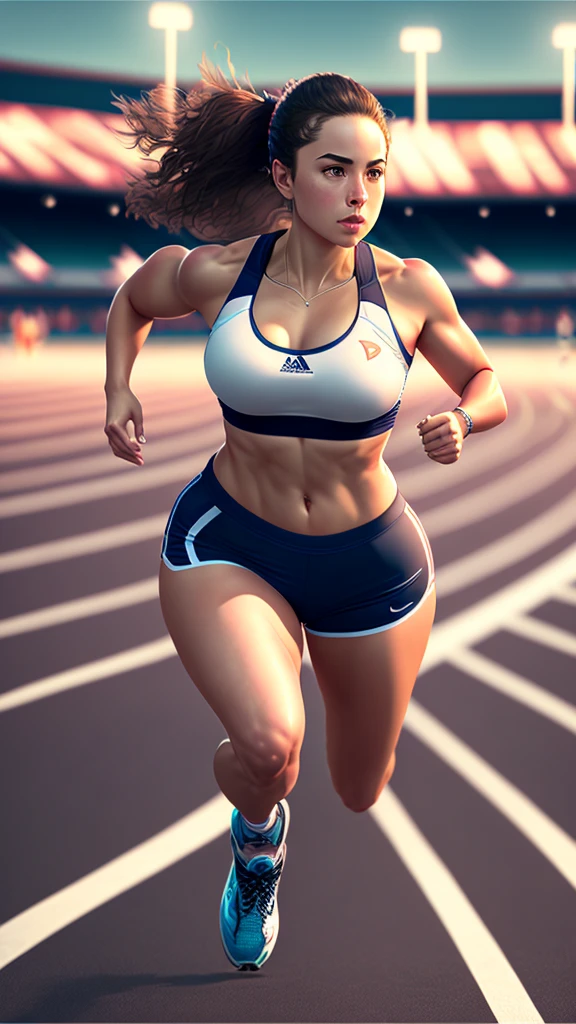 Create a single realistic image of a running girl on a league, a large breasts in a sport bra and running shoes, realistic skin texture, pro lighting, background:crowed athletic stadium
