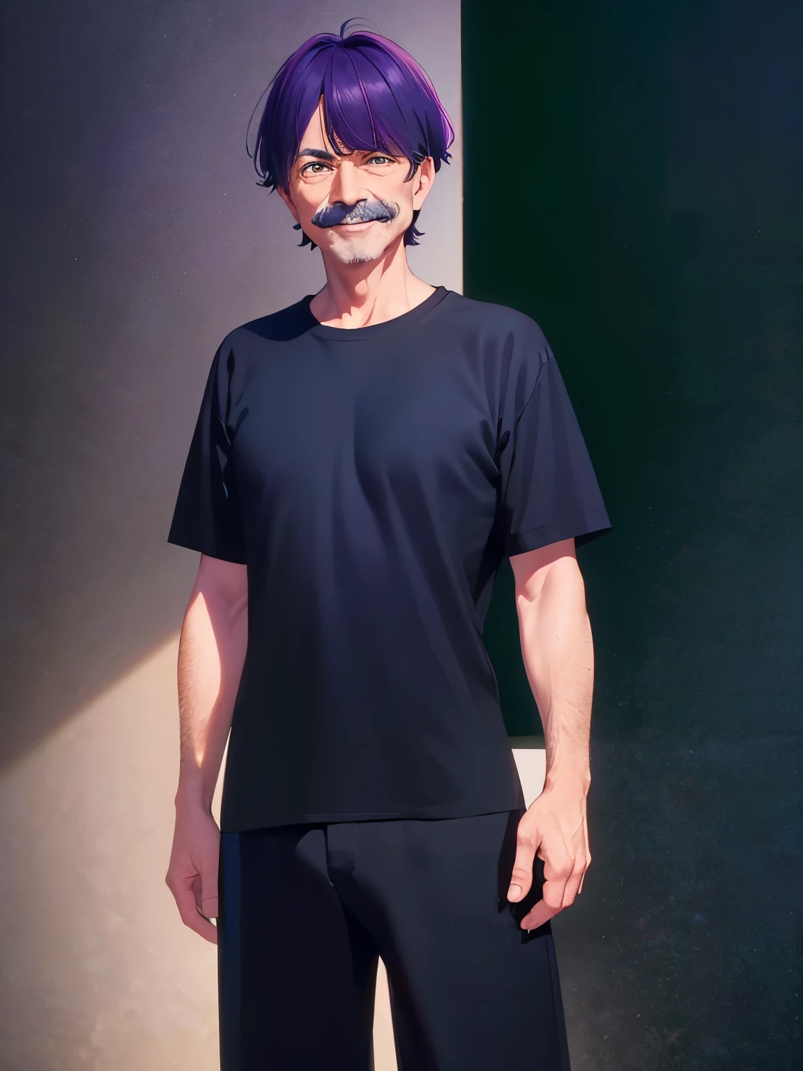 1 old man, 70 years old, short hair,smile, purple hair, green eyes, purple mustache, black shirt,Short sleeves shirt,Shirts, shirts, black trousers, ultra detail, ultra HD, standing,Thin body,half body photo