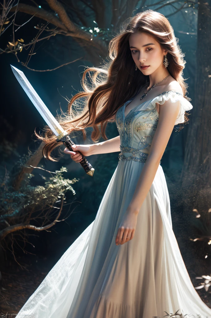 ( masterpiece, top quality, best quality,8k, girl,ultra detailed,raw photo:1.5),(photorealistic:1.4),(cinematic lighting), PerfectNwsjMajic, , Surrealism, UHD, ccurate, Super detail, textured skin, High detail, Best quality, dynamic angle, (high nose,White skin),[Beautiful blue eyes],[flat chest:large breasts:0.5],(1girl),(good anatomy:0.5)), of a woman in a dress with a sword, a beautiful fantasy empress, ((a beautiful fantasy empress)), beautiful fantasy maiden, Dreamy atmosphere,expressive brush strokes, mystical ambiance, Artistic interpretation,a whimsical illustration, Subtle colors and tones, mystical aura, jewelry, splendor 