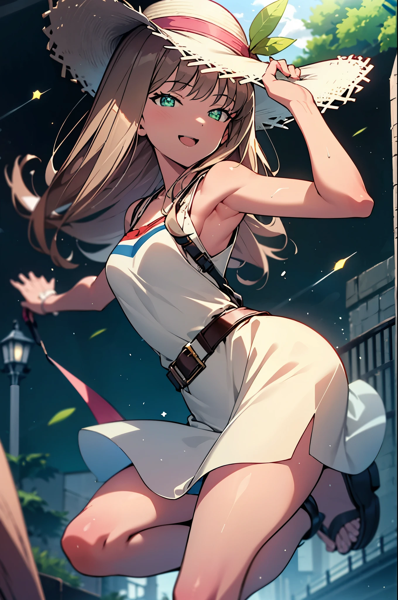 8k,highest quality,masterpiece,The seeds of a southern dream,The seeds of a southern dream sss Dynazenon,Brown Hair,Long Hair,Green Eyes,Short braided hair,happy smile, smile, Open your mouth,Big straw hat,Sleeveless dress,Bare arms,Long skirt, ,Cute heeled sandals,Building district,Clear skies,Daytime,(Cowboy Shot:1. 5),(masterpiece:1.2), highest quality, High resolution, unity 8k wallpaper, (shape:0.8), (Beautiful and detailed:1.6), Highly detailed face, Perfect lighting, Highly detailed CG, (Perfect hands, Perfect Anatomy),