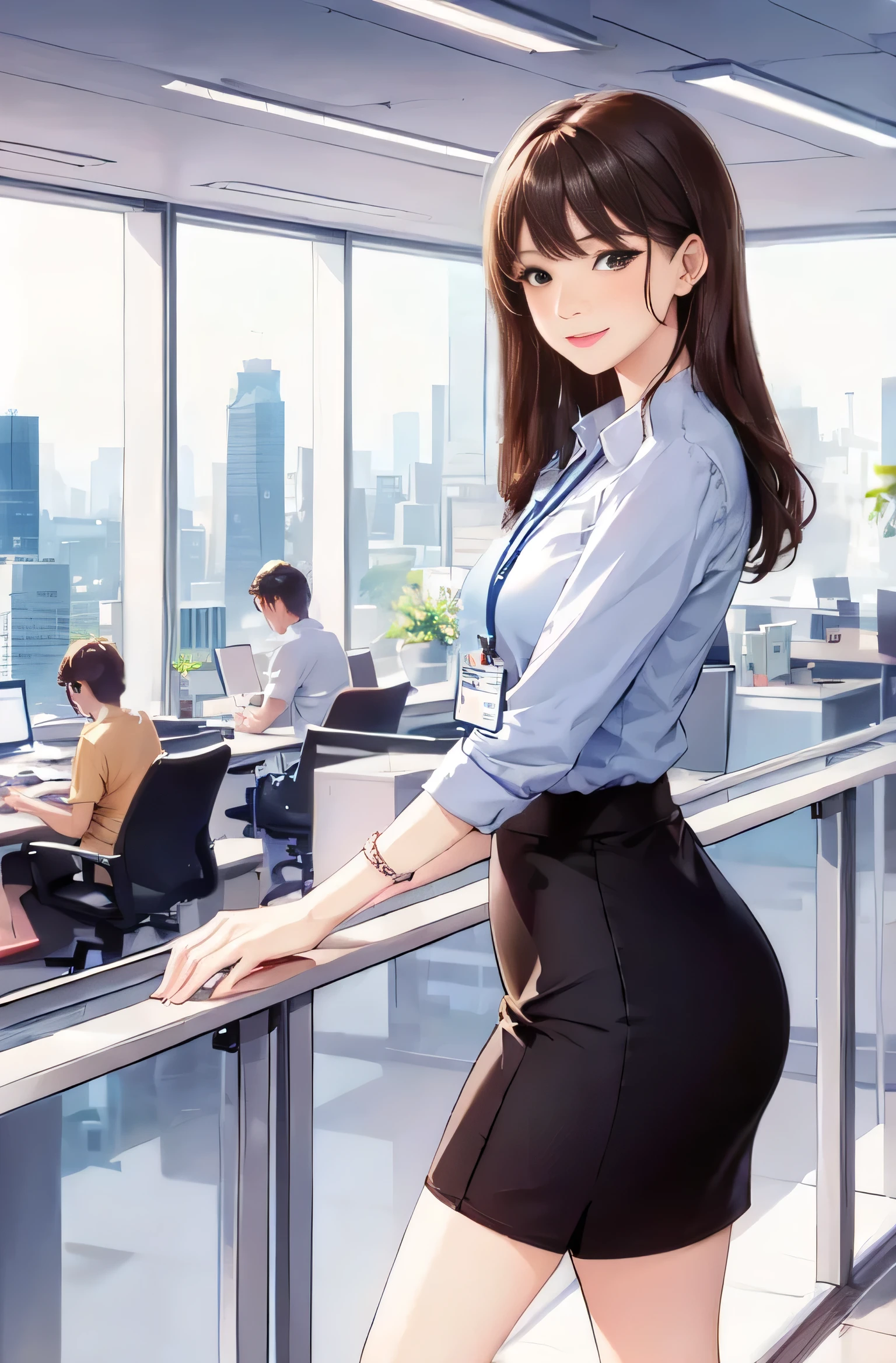 1 Woman Standing, /(casual shirt/) (Pencil Skirt:1.1) /(ID card strap/), Mature Woman, /(Brown Hair/) bangs, A gentle blushing smile, (Masterpiece of the highest quality:1.2) Delicate illustrations, super detailed, Small breasts /(Modern office indoors/), Skyscraper with windows