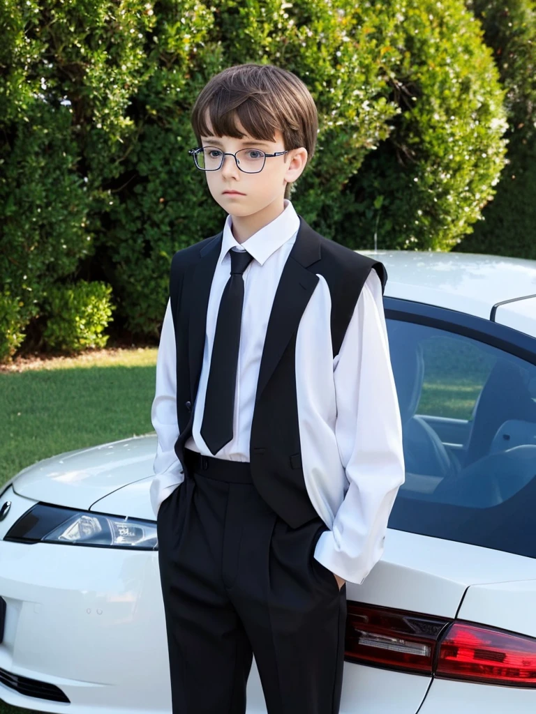 Very detailed masterpiece A ten year old boy white skin light brown hair blue eyes very fine features very beautiful , very attractive wearing very formal clothes very elegant standing in front of a large black car very elegant wearing very discreet glasses looking sad and thoughtful, muy serio muy triste mucho muy serio