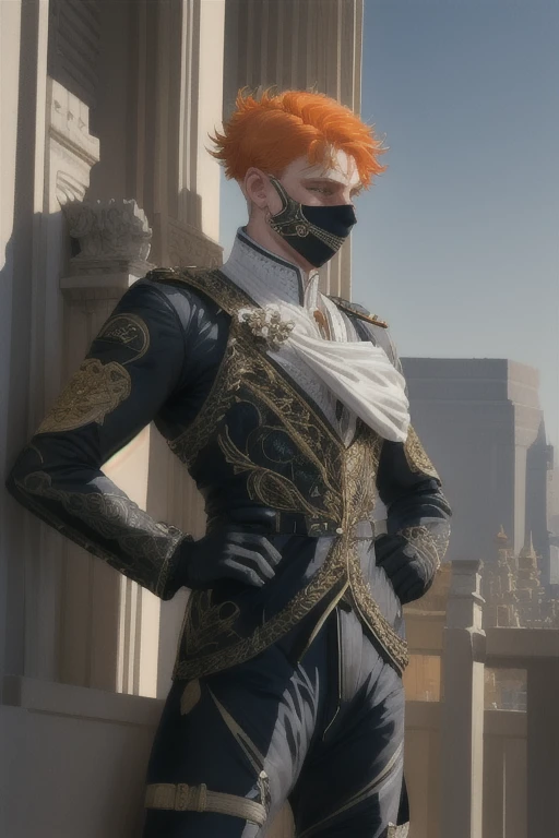 (Absurdres, Intricate Details, Masterpiece, Best Quality, High Resolution, 8k), (1man), (male:1.2), mature, aged up, masked face, angular jawline, finely detailed eyes and face, muscular body, kind and gentle demeanor, porcelain skin, finely detail eyes and face, coral orange mid fade hair, light gray eyes, friendly mutton chops shaving, humiliated, pilot outfit, standing casually with one arm wresting and the other on hip, Dr490nSc4leAI, stately, finely detailed background, Depth of Field, VFX.