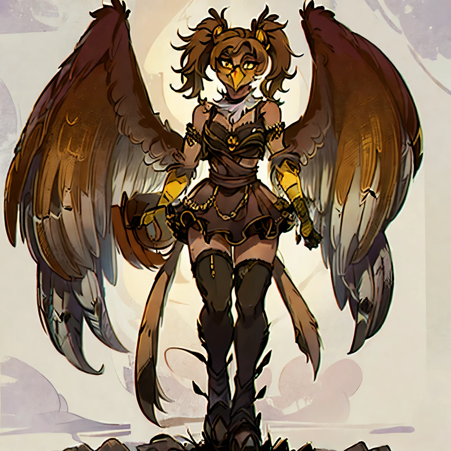 16k, HD, Professional, Highly Detailed, ((Masterpiece: 0.3)), (((High Quality))), Ultra-detailed face, Highly Detailed Lips, Detailed Eyes, full body, Gryphon, (((wings) brown) coming from waist), feathers, talon feet, (paw), (yellow (beak)),purple eyes, (brown) fur)), flying, ((full body)), slight side view, skirt, armor, pigtails