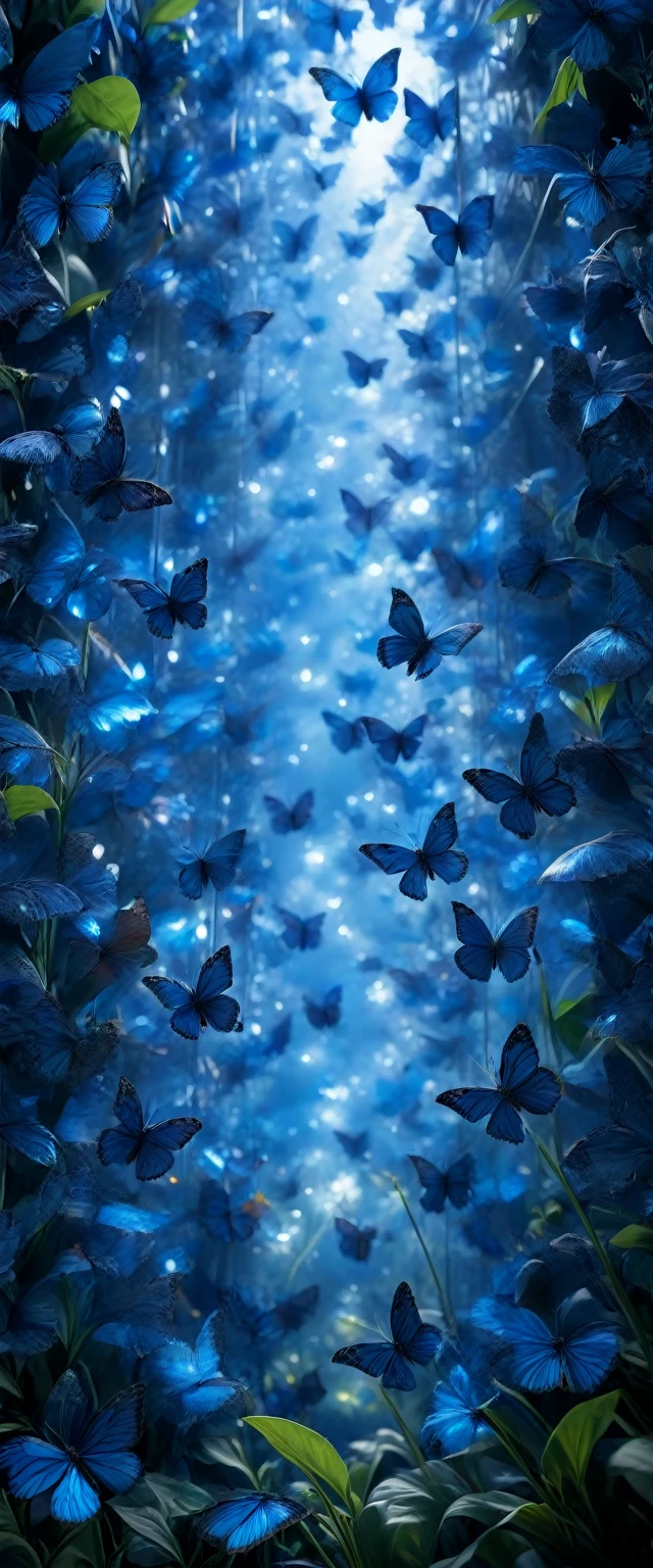 8k,wallpaper of extremely detailed CG unit, ​masterpiece,hight resolution,top-quality,top-quality real texture skin,hyper realisitic,increase the resolution,RAW photos,best qualtiy,highly detailed,the wallpaper, BREAK ,many blue butterflies are flying to the rainbow in the sky at night,everything is dark as shadow,butterflies glowing blue,ground level shot,in the garden