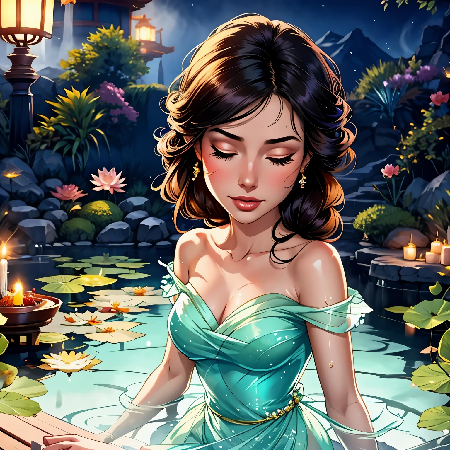 (disney princesses belle,arielle,jasmine,japanese hot spring,hot hour glass,sweaty,low dim candle light,steam,hot:1.2),relaxing,tranquil,peaceful,serene,vivid colors,delicate details,feminine softness,fantasy moments,harmonious atmosphere,beautiful attire,graceful poses,abundant flora,serene landscape,mists and shadows,reflective surfaces,subtle expressions,elegance in every movement,gentle breeze,carefully arranged hairstyles,ethereal beauty,sublime ambiance,soothing water sounds,exquisite lotus blooms,splendid fireworks in the night sky.