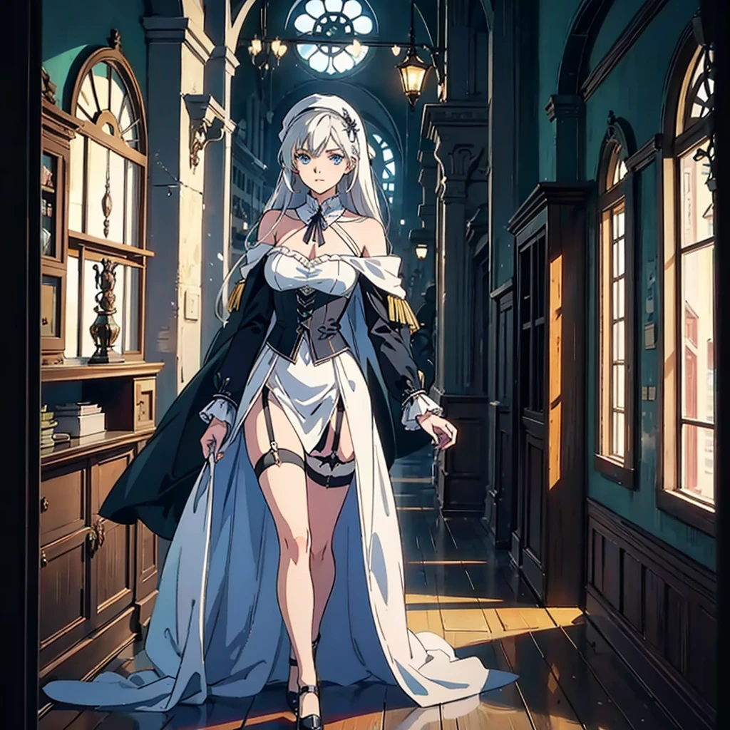 A woman with elements of Lady Maria from Bloodborne, Akiha Tohno, Weiss Schnee, and Scheneee from Synduality, with long shullet-style silver hair with crimson tips, celestial blue eyes, wearing Victorian, nun, and medieval-inspired clothing including a short garter belt and a handkerchief skirt, standing on a balcony overlooking a city with Victorian and medieval architecture during a night with a blood moon and fog to create an atmosphere of mystery
