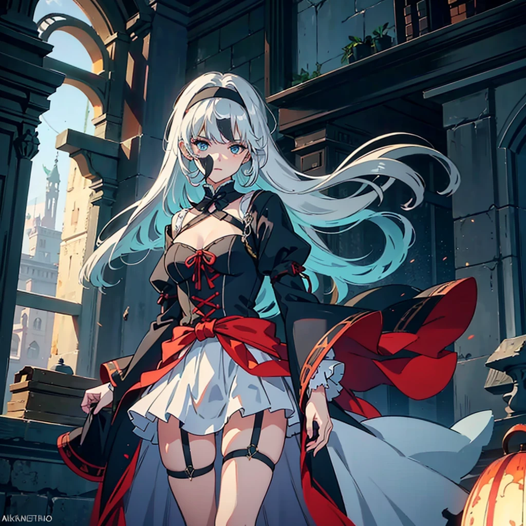 A woman with elements of Lady Maria from Bloodborne, Akiha Tohno, Weiss Schnee, and Scheneee from Synduality, with long shullet-style silver hair with crimson tips, celestial blue eyes, wearing Victorian, nun, and medieval-inspired clothing including a short garter belt and a handkerchief skirt, standing on a balcony overlooking a city with Victorian and medieval architecture during a night with a blood moon and fog to create an atmosphere of mystery
