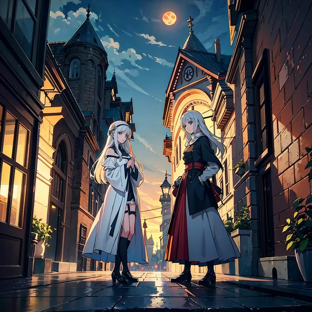 A woman with elements of Lady Maria from Bloodborne, Akiha Tohno, Weiss Schnee, and Scheneee from Synduality, with long shullet-style silver hair with crimson tips, celestial blue eyes, wearing Victorian, nun, and medieval-inspired clothing including a short garter belt and a handkerchief skirt, standing on a balcony overlooking a city with Victorian and medieval architecture during a night with a blood moon and fog to create an atmosphere of mystery
