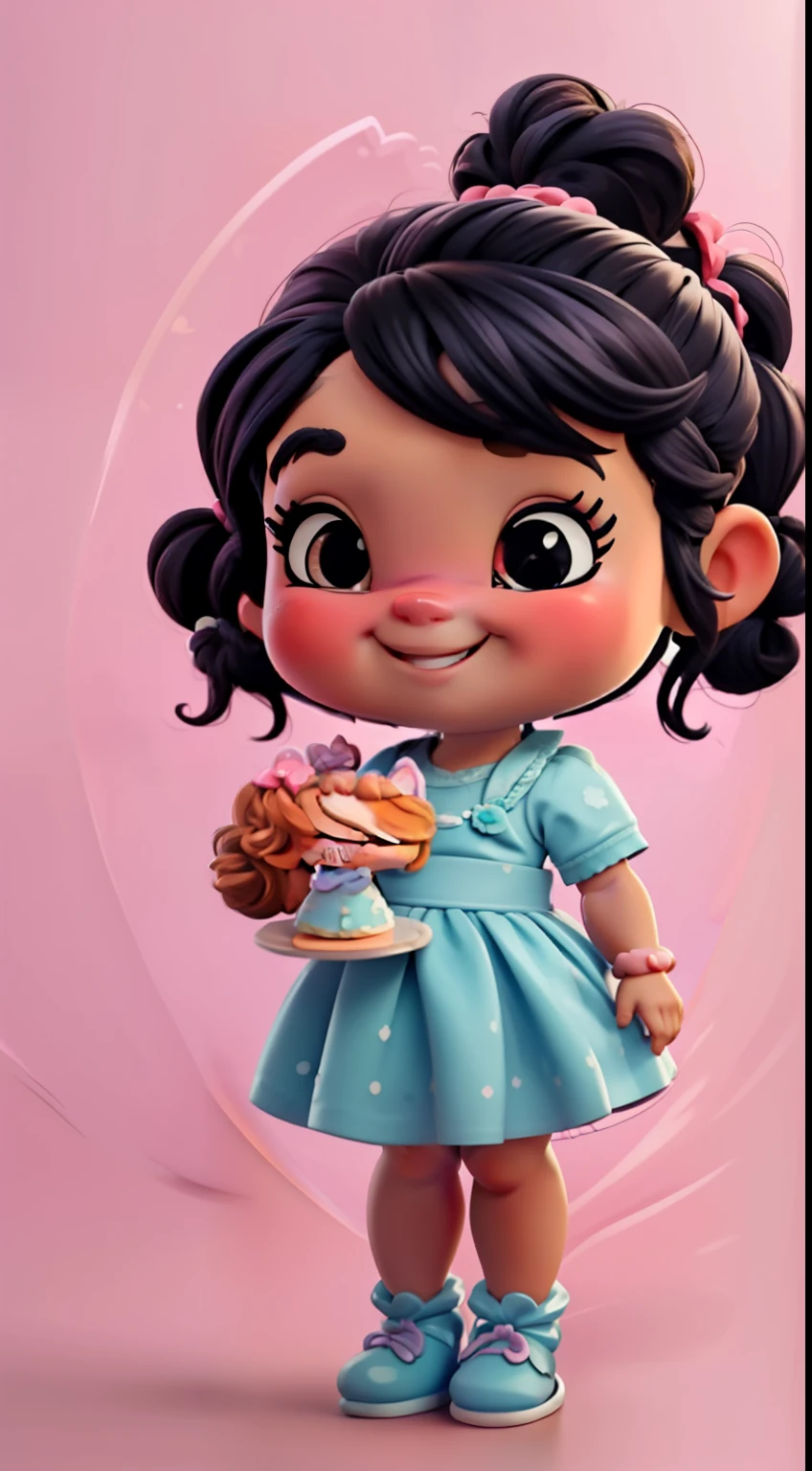 uma garotinha fofa ((((baby style)))) em um chef confeiteiro, estilo chibi, Ela tem (((cabelo preto curto))), ((((hair tied back with two ponytails))))), ( ((cabelo encaracolado))), olhos castanhos, she is smiling, She's wearing a pink and blue dress, com sapatos brancos, she is smiling, happy with your birthday party. In the background balloons, and a table with a beautiful decorated birthday cake. Adicione detalhes leves e muita qualidade, Your hands are perfect with lots of details. 