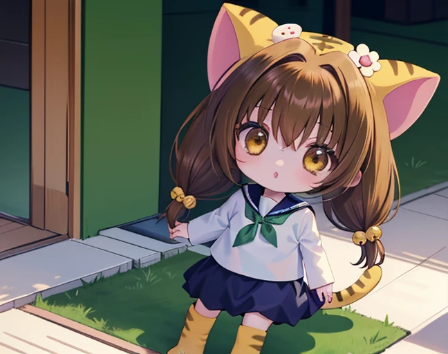 Puchiko, One girl, alone, Brown Hair, Brown eyes, tail, Have, Long Hair, serafuku, green_skirt, twintails, Bell, hair ornaments, animal Have, Cat ear 