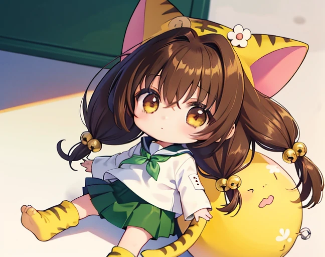 Puchiko, One girl, alone, Brown Hair, Brown eyes, tail, Have, Long Hair, serafuku, green_skirt, twintails, Bell, hair ornaments, animal Have, Cat ear 