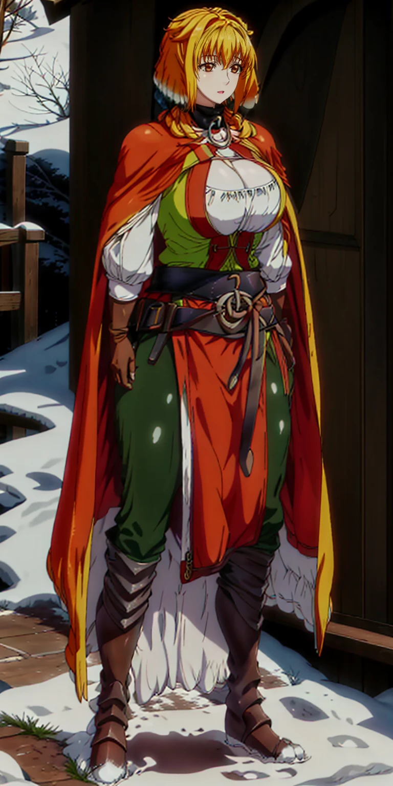 full body standing straight symmetrical, FEMALE warrior princess, big belt around waist, hair, very white skin like snow, wearing full heavy armor red cape, brown leather boots, adventurer outfit, veteran warrior