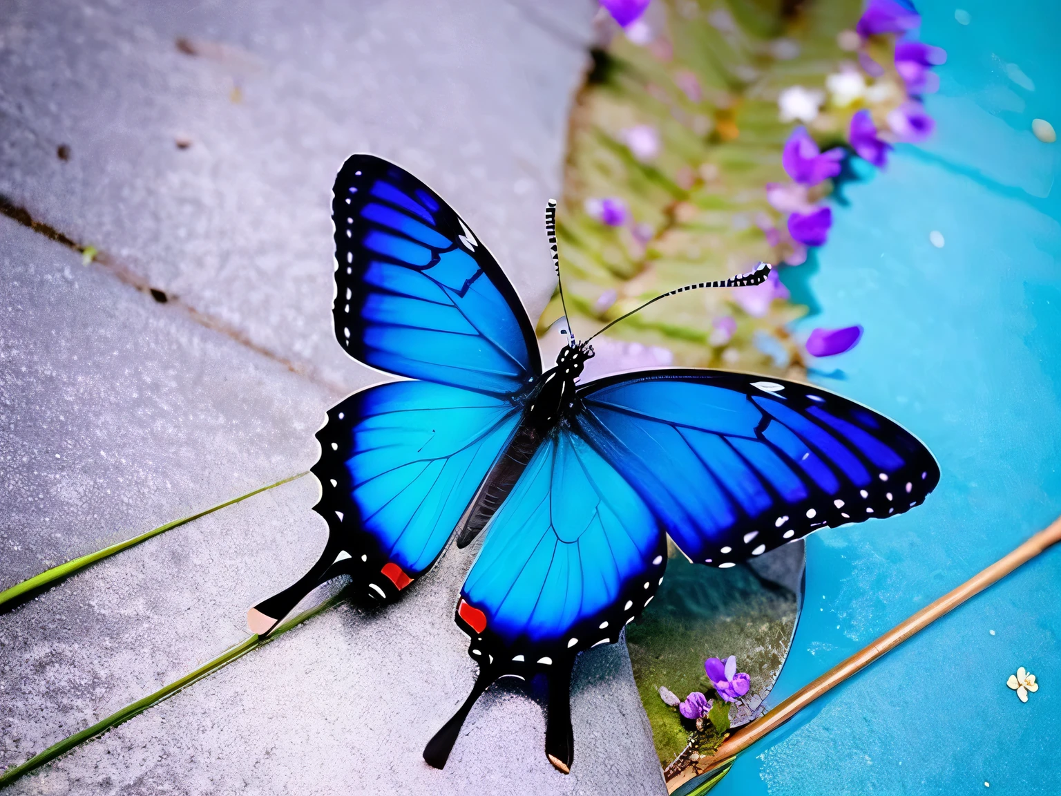 there is a blue Butterfly that is sitting on a purple flower, Butterfly, Fair photo, Fair nature, Fair opened wings, Fair black blue yellow, Flowers and Butterflies, Exquisite and handsome wings, harmony of Butterfly, with Fair wings, black and blue and violet scheme, Glowing Blue Butterfly, really Fair nature, Purple and blue, blue and violet, Fair!!!!!!!!!