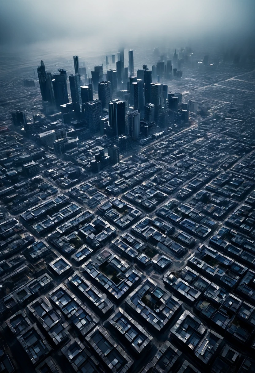 aerial image of an ultra futuristic North American megalopolis, view of the entire city with many buildings and houses in dark colors from dark blue to black, a cidade tem tons de cinza, has smoky structures, industrial environment with smoke and fog around, carros escuros nas ruas, desert megalopolis, trilhos e trens modernos passando estre as ruas da cidade, tall, futuristic buildings, many ultra modern buildings around, TEM UMA GAROTA VESTIDA COM CAPUZ ANDANDO NA RUA, she is walking , as realistic as possible, As detailed as possible, Science fiction