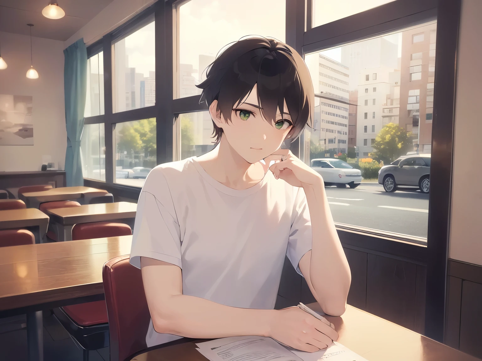 Placing hand on chin、Biologically correct five fingers、(looking away:1.5)、masterpiece、highest quality、(25-year-old male:1.5) and (Brown short hair) and (Green Eyes), White T-shirt、Sitting、sad、The background is a family restaurant、(Alone:1.5)、Upper body is shown、