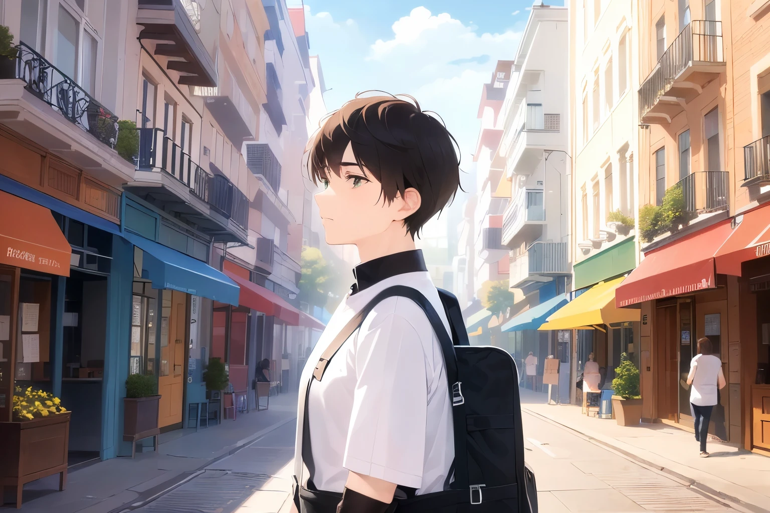 Perfect Face、(looking away:1.5)、masterpiece、highest quality、(25-year-old male:1.5) and (Brown short hair) and (Green Eyes), White T-shirt、Walking、sad、The background is a shopping street、(Alone:1.5)、Upper body is shown、