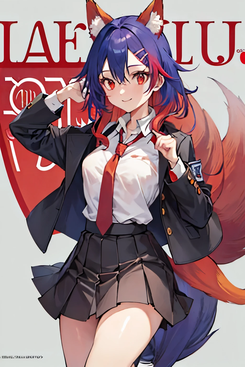 Firefox-Skollie, red eyes, fox girl, multiple tails, multicolored hair, 1girl, hairclip, solo, light smile, small breasts, looking at viewer,
school uniform, pleated skirt, necktie, open jacket, magazine cover, simple background,
(masterpiece:1.1), (best quality:1.1), (ultra-detailed:1.1), (illustration:1.1),