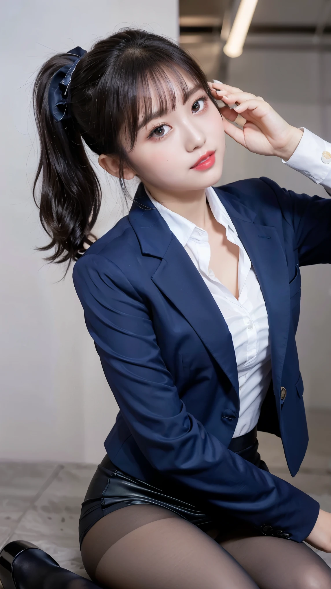 (8k), (highest quality: 1.2), (Realistic), (Realistic: 1.47), Ultra-high resolution, 1 girl, cute, smile, Mouth closed, (Thick lips:1.2),Red lips,(Purse your mouth),Beautiful details, Beautiful Nose,(Straight shiny black hair),(With a black ribbon on her head),(ponytail),Stand on the neon street,Bend your elbows and raise your hands,(University uniform,A simple navy blue blazer,White satin shirt,tie,Tight Skirt, shiny pantyhose:1.2),(knees),(Ultra low angle:1.2),(Medium Shot),