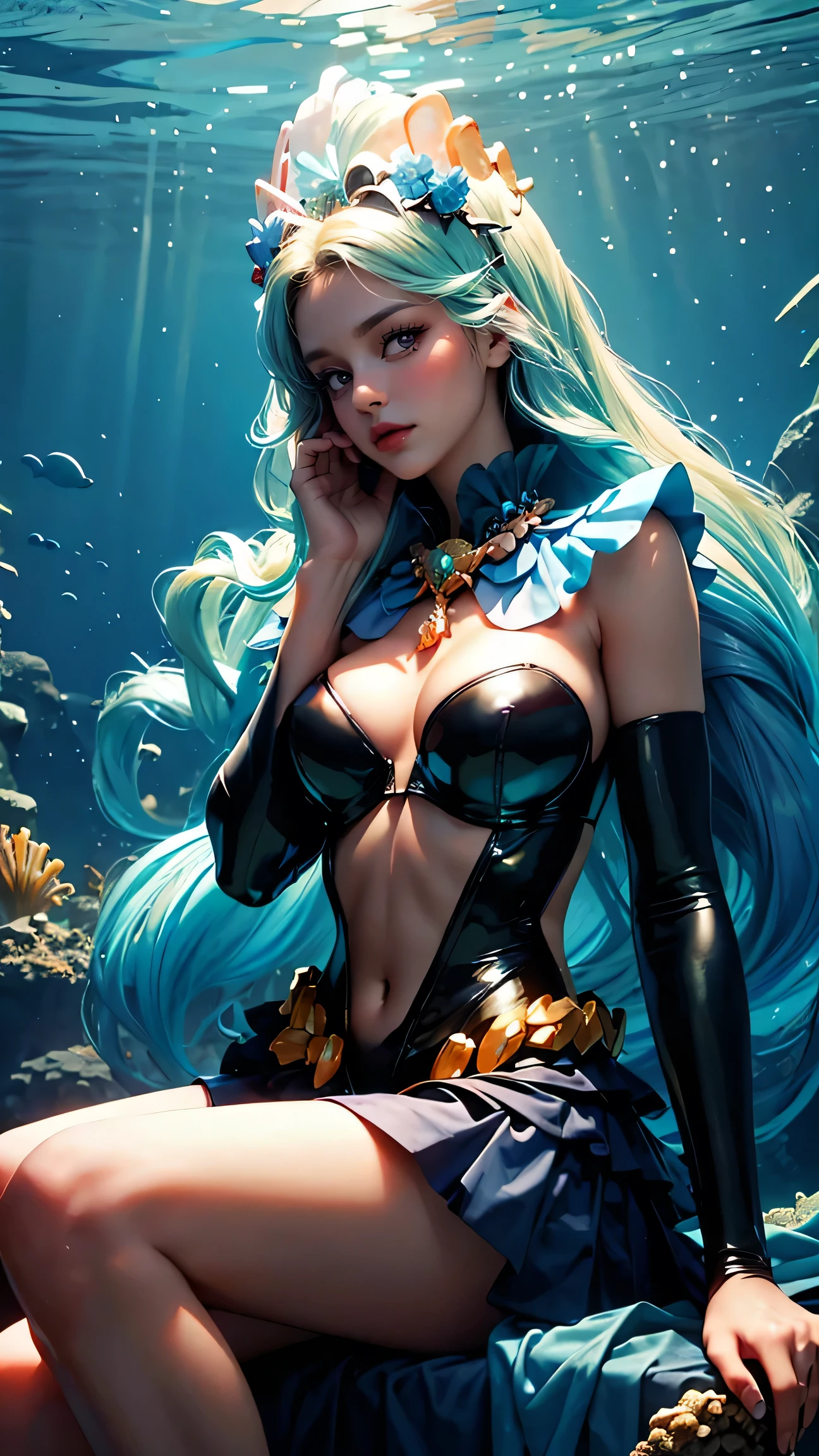 Best Best quality, masterpiece, ultra high res, raw photo, beautiful and aesthetic,deep shadow, dark theme,(photorealistic:1.4),
1girl, latex with frills, bodysuit, sitting, coral, underwater, on seabeds, Headdress, hair ornament, full of coral and sea element, drill hair, long hair, blonde hair, gradient hair, yellow eyes, solo, huge breasts, big hair, blue hair, tiara, divine goddess, looking at viewer, underwater bedroom, Seafoam, Buble, shells, Fish, pearls, conch, ocean floor, astraea, full body, Fish ear, cure mermaid