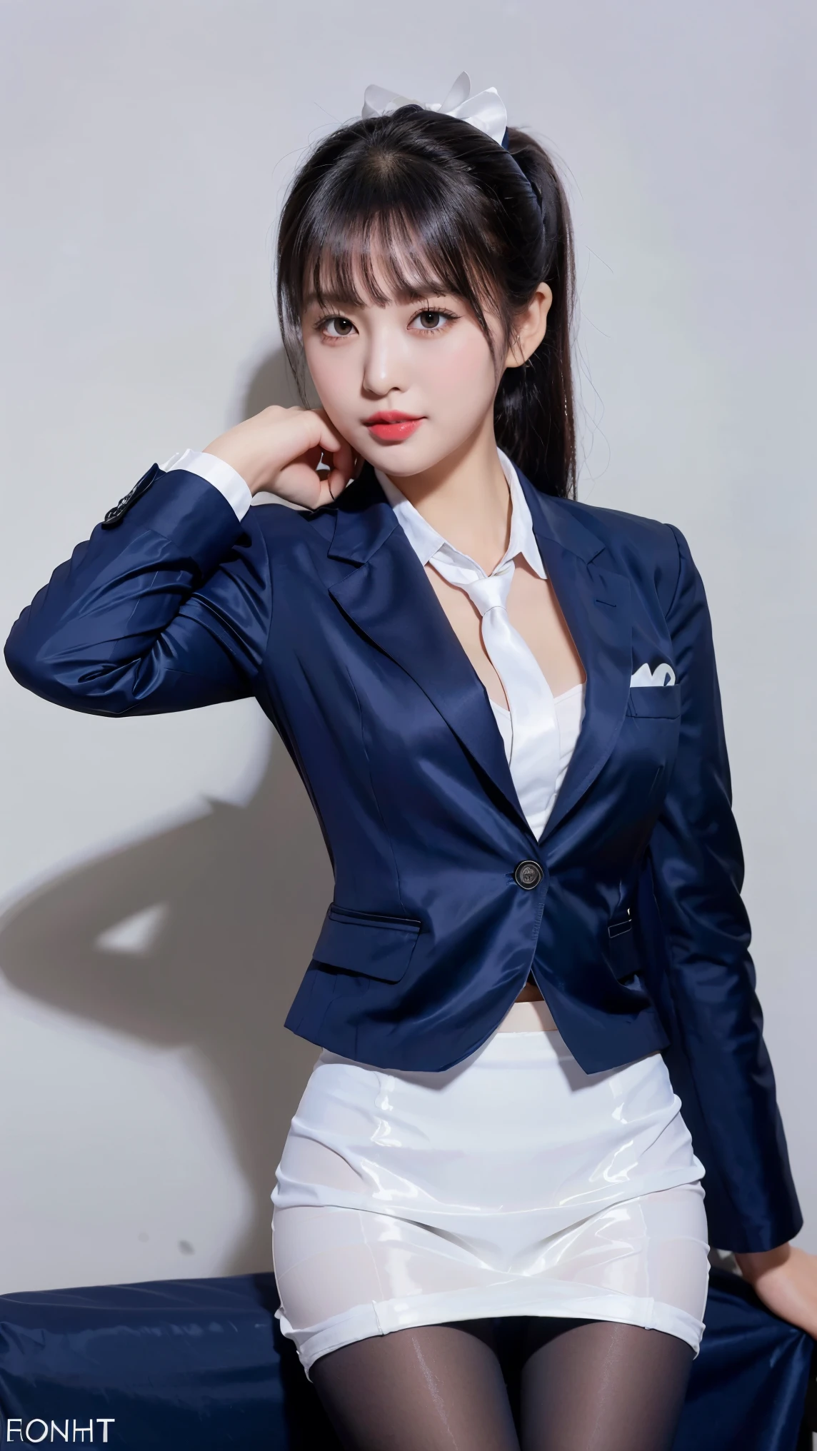 (8k), (highest quality: 1.2), (Realistic), (Realistic: 1.47), Ultra-high resolution, 1 girl, cute, smile, Mouth closed, (Thick lips:1.2),Red lips,(Purse your mouth),Beautiful details, Beautiful Nose,(Straight shiny black hair),(With a black ribbon on her head),(ponytail),Stand on the neon street,Bend your elbows and raise your hands,(University uniform,A simple navy blue blazer,White satin shirt,tie,Tight Skirt, shiny pantyhose:1.4),(knees),Thighs,(Ultra low angle:1.2),(Medium Shot),