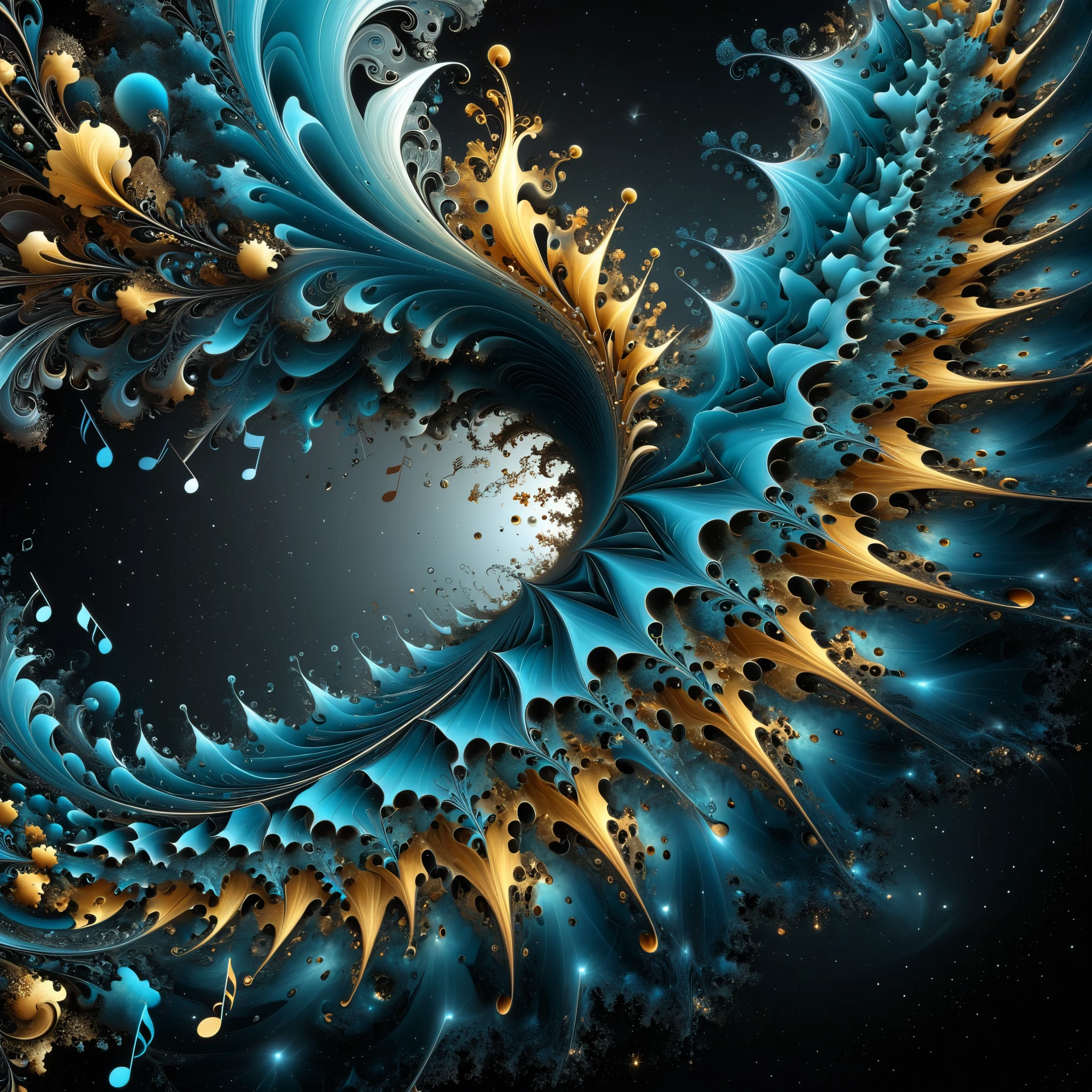 Utilize fractal geometry to enhance the hyperrealistic imagery, incorporating Mandelbrot-inspired patterns that intertwine with 3D musical elements, creating a visually complex and intricate composition.