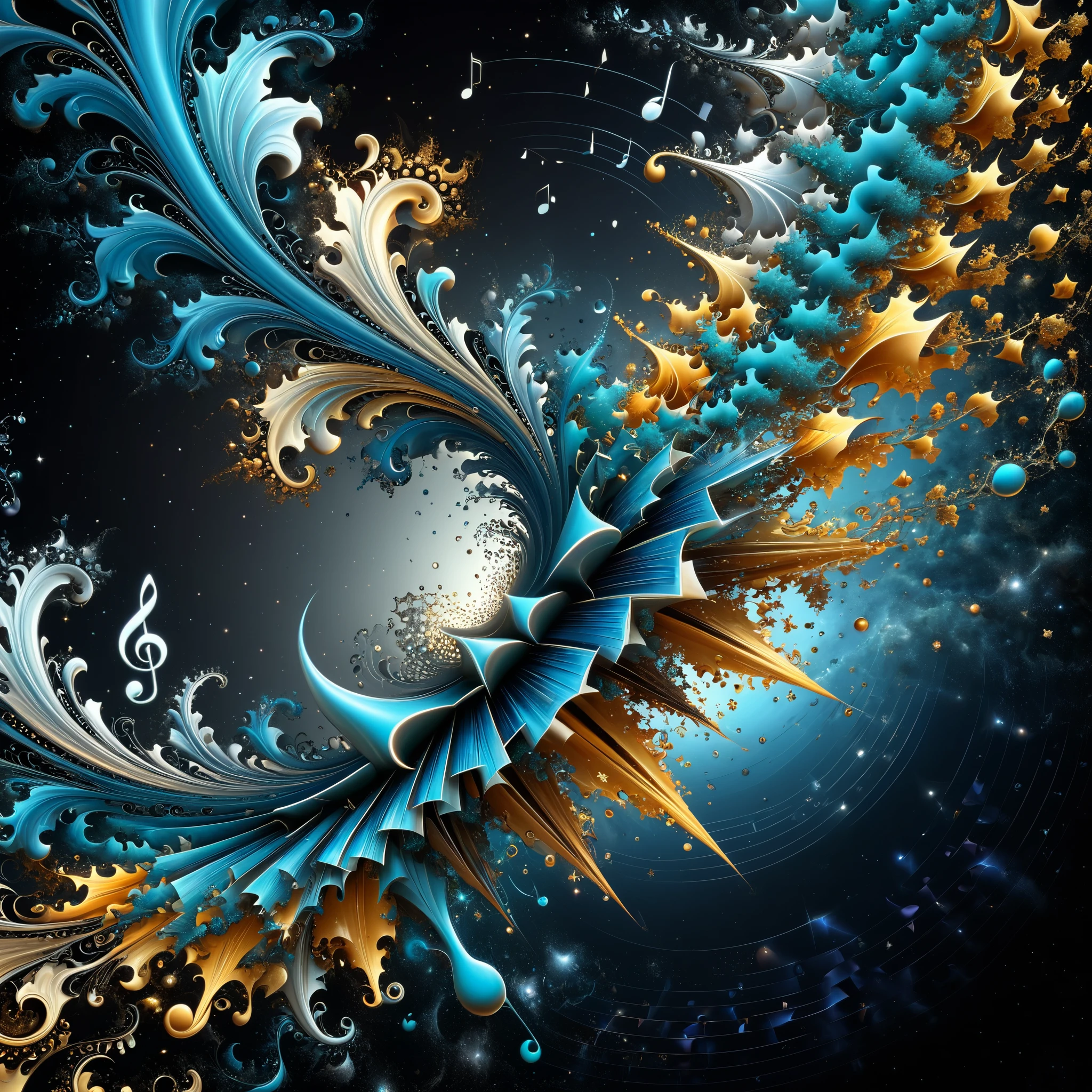 Utilize fractal geometry to enhance the hyperrealistic imagery, incorporating Mandelbrot-inspired patterns that intertwine with 3D musical elements, creating a visually complex and intricate composition.