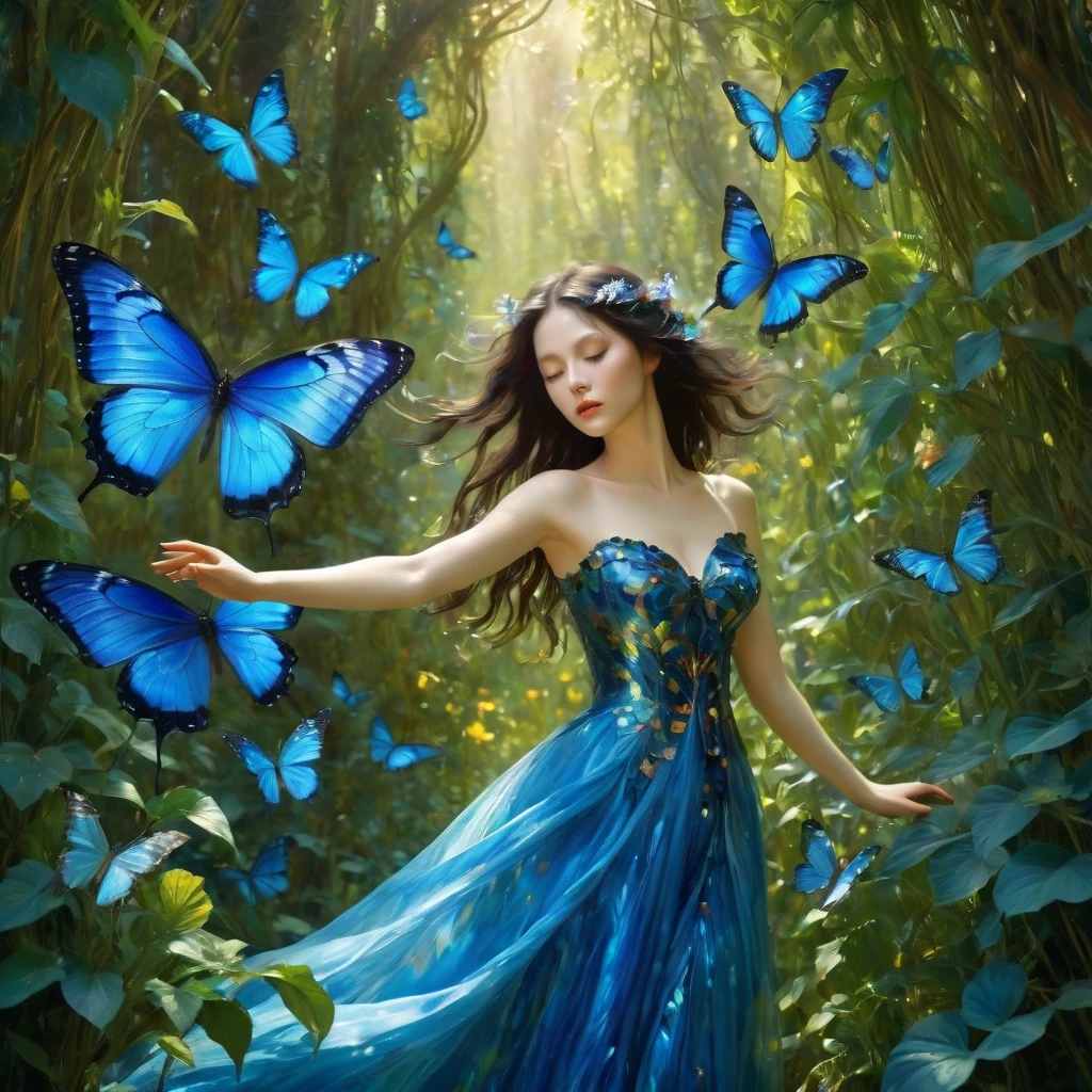 blue butterfly，  Flying in the vegetation,  epic ，  Otherworldly ，Awesome ，Clever use of light and shadow，Adds depth and drama to the scene., Bringing the audience into an elegant narrative. This masterpiece, Created by the famous painter Gustav Klimt, Delve deep into the realms of fantasy and mythology, Inviting viewers to explore the complexity of beauty, strength, ，Fantasy，plant，Flowers，ezh