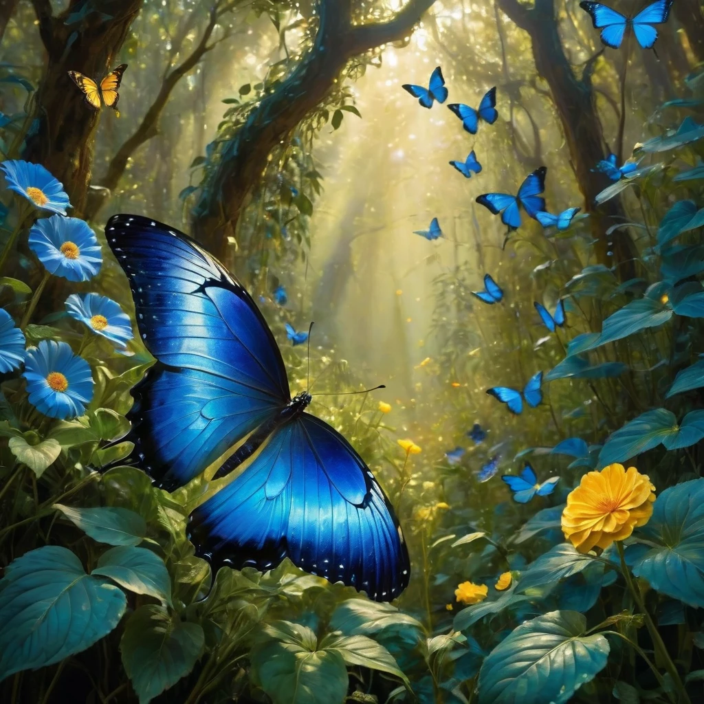 blue butterfly, Flying in the vegetation, epic , Otherworldly ,Awesome ,Clever use of light and shadow,Adds depth and drama to the scene., Bringing the audience into an elegant narrative. This masterpiece, Created by the famous painter Gustav Klimt, Delve deep into the realms of fantasy and mythology, Inviting viewers to explore the complexity of beauty, strength, ,Fantasy,plant,Flowers,ezh