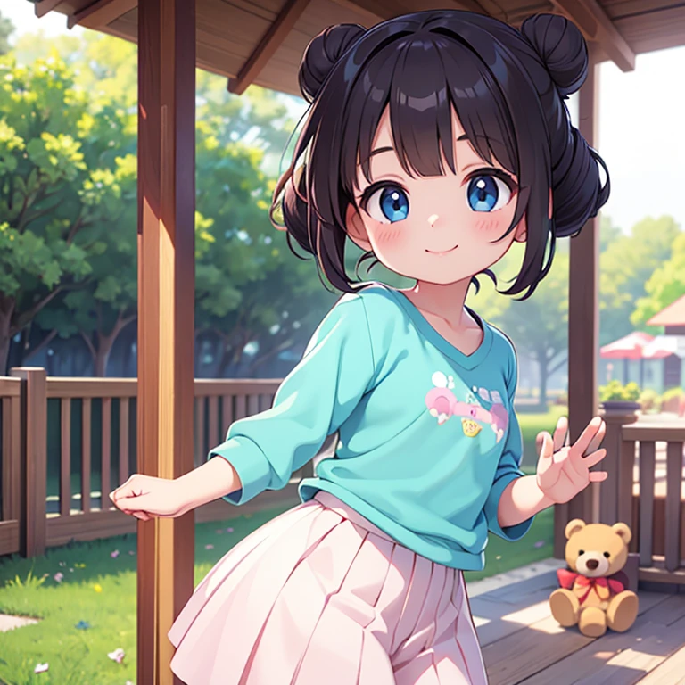 Photorealistic、Octane Rendering、Morning Park、Little ??? dancing with teddy bear、The girl has a bun hairstyle、smile
