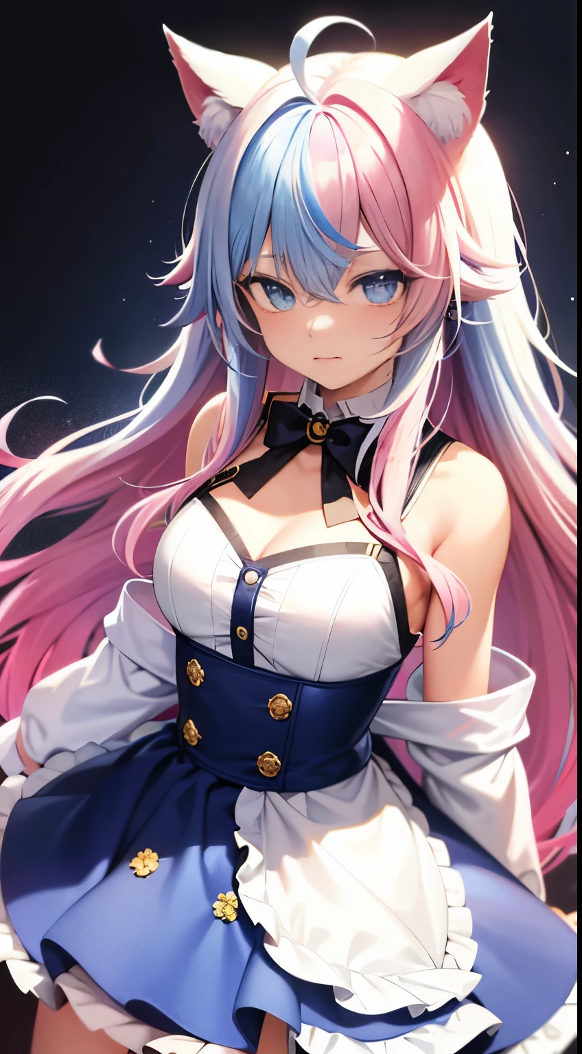 cowboy shot, masterpiece,Splash color, soft lighting,(cocktail glass), 1girl, solo, cat ears, multicolored hair, ((gradient hair), white+(blue)+(pink:0.5) hair//), very long hair, messy hair, bangs, ahoge, ((gradient eyes), pink+light_blue eyes//), slit pupils, glowing eyes, 1fang, white sweater