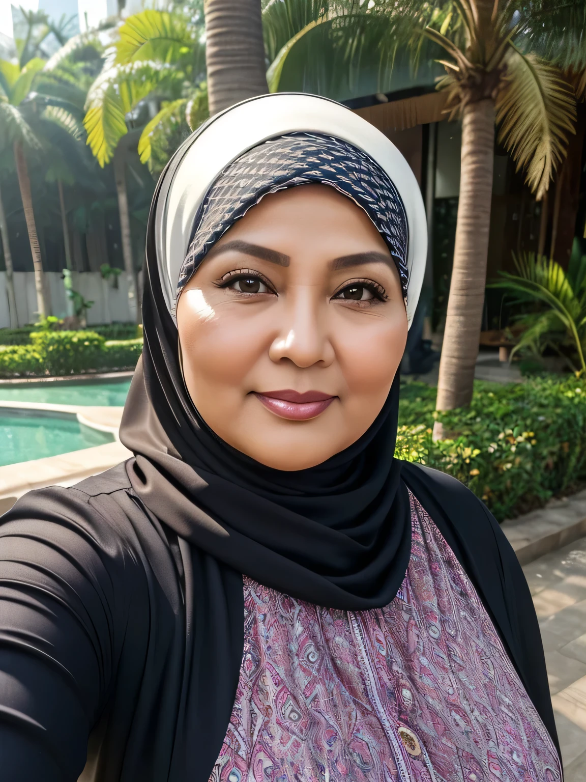 (Selfie photo). (Realistic) ((Sexy Hijab)) (real mature face) (old beauty) 62 Years old fat Brunei mature woman, sexy curvy, (sexy chubby body shape), Big : 34.9, (old woman in Jakarta) soft smile, facing at camera, half body - professional photography with excellent lighting. Outdoor. Dynamic background.