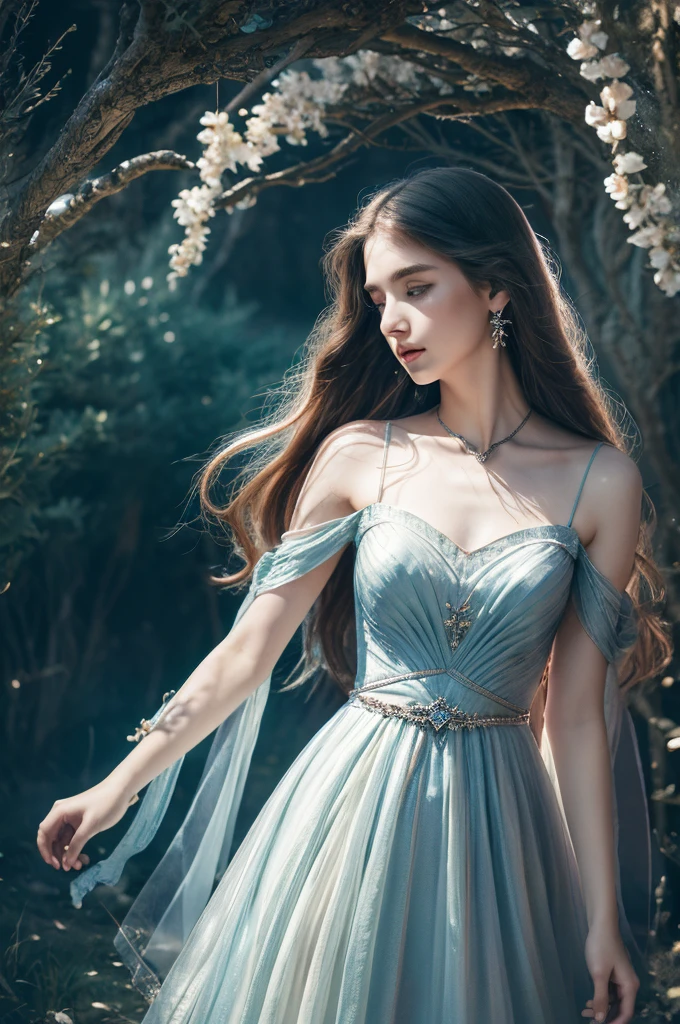 ( masterpiece, top quality, best quality,8k, girl,ultra detailed,raw photo:1.5),(photorealistic:1.4),(cinematic lighting), PerfectNwsjMajic, , Surrealism, UHD, ccurate, Super detail, textured skin, High detail, Best quality, dynamic angle, (high nose,White skin),[Beautiful blue eyes],[flat chest:large breasts:0.5],(1girl),(good anatomy:0.5)), of a woman in a dress with a sword, ((a beautiful fantasy empress)), beautiful fantasy maiden, Dreamy atmosphere,mystical ambiance, Artistic interpretation,a whimsical illustration, Subtle colors and tones, mystical aura, jewelry, splendor 