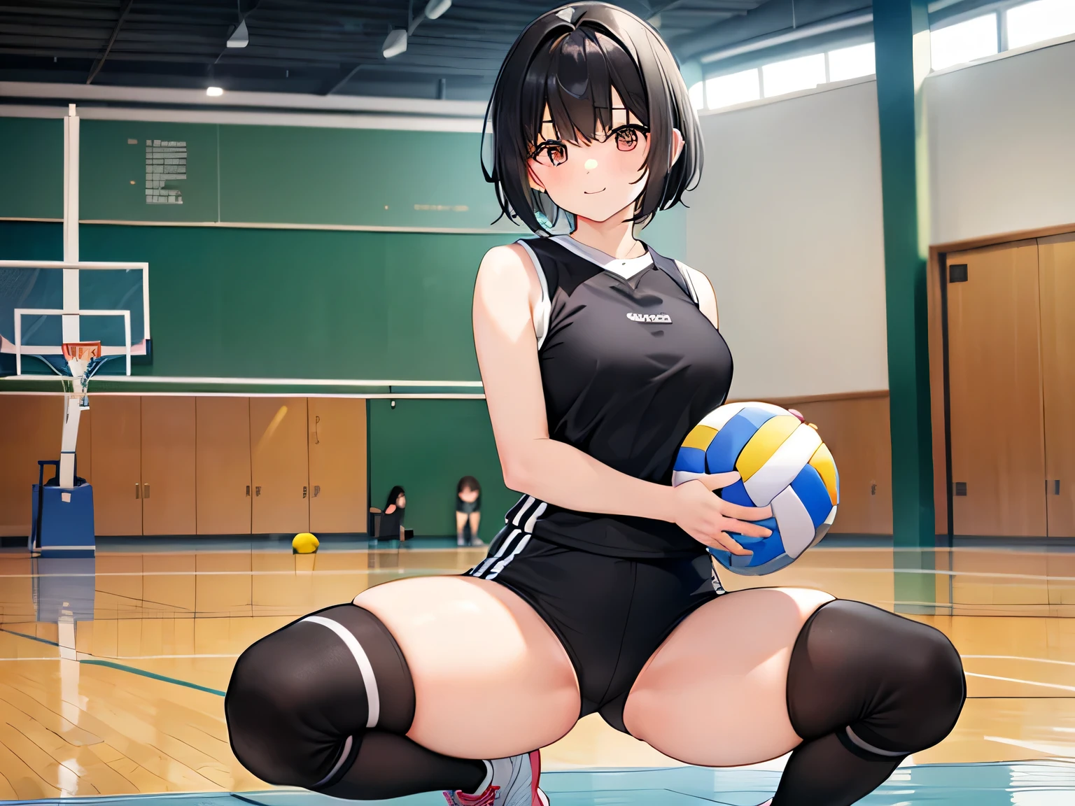 (masterpiece、highest quality、High resolution、Realistic photo、Real looking skin:1.1)、
(Women are volleyball players:1.5)、
(Standing and taking a break:1.8)、
(I have a smile of satisfaction.:1.5)、
(I always wear knee supports on both knees.:1.8)、
(She is wearing a volleyball uniform, a sleeveless tight sports shirt and short tight shorts.:1.8)、
(I'm wearing high socks:1.5)、
(She is wearing gym sneakers.:1.5)、
(It's short black hair:1.8)、
(The location is the volleyball court in the high school gym.:1.5)、
1 Japanese Girl、solo、Full Body Esbian、Beautiful Eyes、Shining Eyes、Shining thighs、NSFW