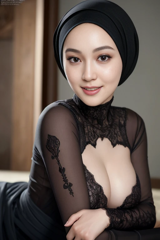 (RAW photo:1.2), (photorealistic:1.4),(masterpiece:1.3),(best quality:1.4),ultra high res,(detailed eyes),(detailed facial features),(detailed clothes features),HDR,8k resolution, skin tight, (((high detailed skin,visible pores))), dreamlike, (ulzzang-6500-v1.1:0.5),pureerosface_v1:0.2, face close-up, 1 girl,tall, slim and Slender body, tall body, thin body, 30 yo,tight D Cup breasts size, wearing super transparent tight black floral silk gamis with hijab, gamis unbuttoned loose opened, showing nude breasts and nipples, full body, smile, luna maya, wearing high heels, seducting look, lustfull smile, sexy pose, full body photo shoot