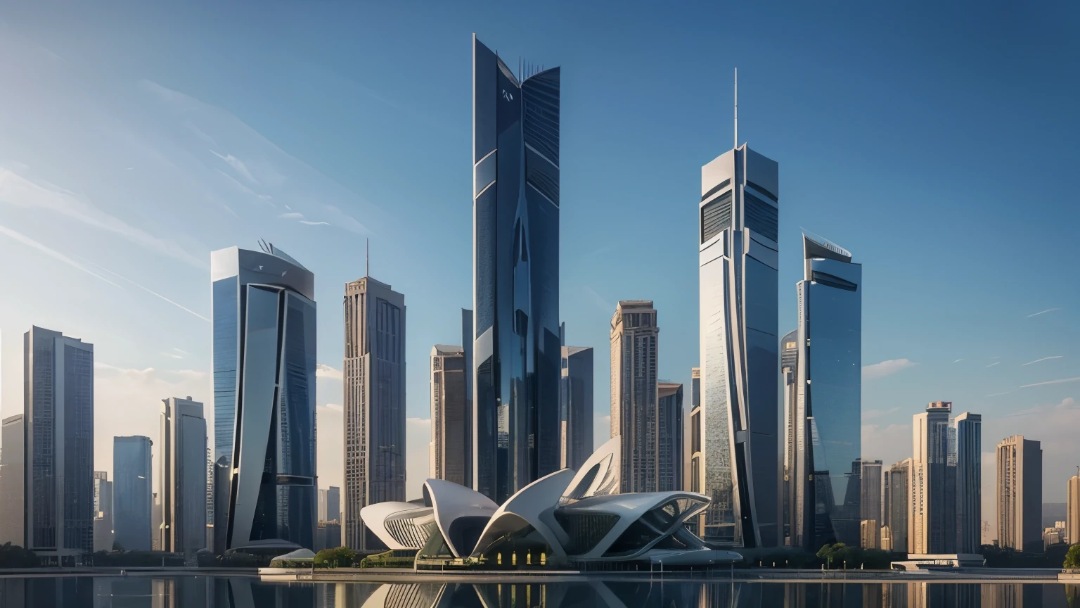 A futuristic skyscraper designed by architect Zaha Hadid stands tall against the backdrop of a modern city. The skyscraper's sleek and innovative design showcases the brilliance of contemporary architecture. The building's sharp angles and clean lines are a testament to Zaha Hadid's unique vision and creative genius. As the rays of the sun illuminate the structure, light interacts with the building's reflective surfaces, creating mesmerizing reflections and shadows. The dynamic interplay of light and shadow emphasizes the building's height and elegance. The scene is set during the day, highlighting the clarity and vibrancy of the architecture. Every minute detail is captured with the utmost precision, ensuring an ultra-detailed depiction of the masterpiece. The high resolution and impeccable quality of the image allow for the viewer to immerse themselves in the intricacies of the design. The colors are vivid and vibrant, showcasing the building's modern aesthetic. The overall atmosphere exudes a sense of awe and wonder, as the skyscraper boldly embodies the future of architecture. The prompt reflects the essence of Zaha Hadid's architectural style while maintaining a photorealistic approach to ensure a visually stunning image.