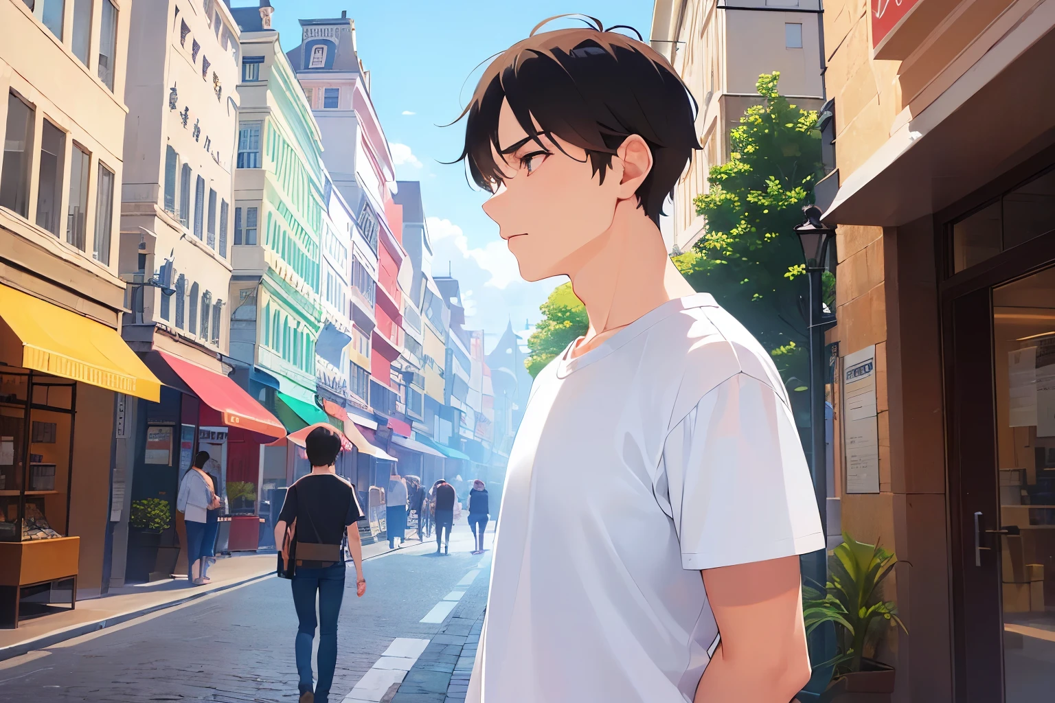 (looking away:1.5)、masterpiece、highest quality、(25-year-old male:1.5) and (Brown short hair) and (Green Eyes), White T-shirt、Walking、sad、The background is a shopping street、(Alone:1.5)、Upper body is shown、